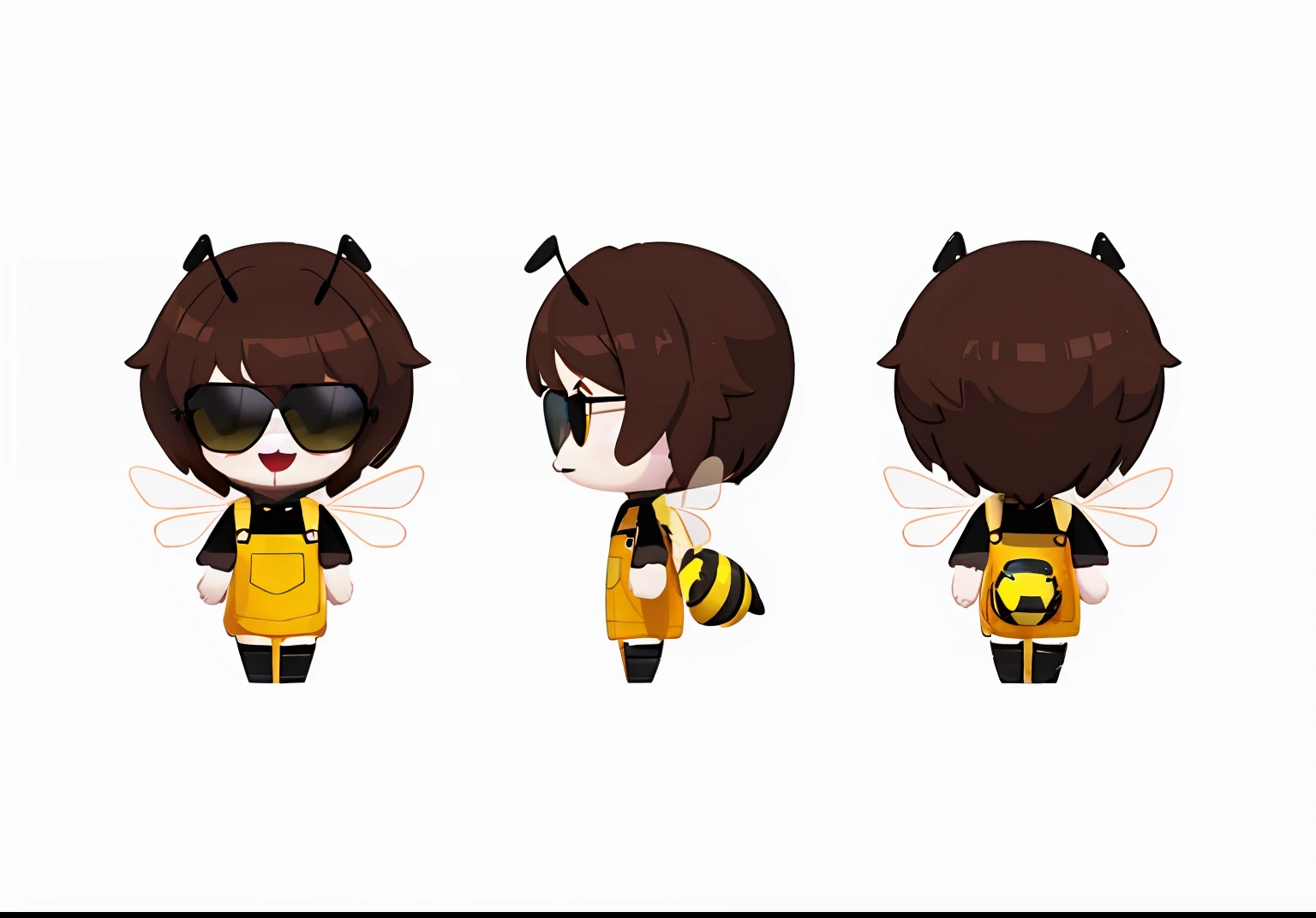 A cartoon character of a girl with short hair in a bee costume and sunglasses, human structure bee concept art, anime style character, tracer game character, (honey bees), cartoonish vector style, cute character, 3 d bee, highly detailed character, based on bumblebee, character turnaround, high quality character design, [ Character design ], insect trainer girl, antasy character, female furry mini cute style，C4D three views，IP image