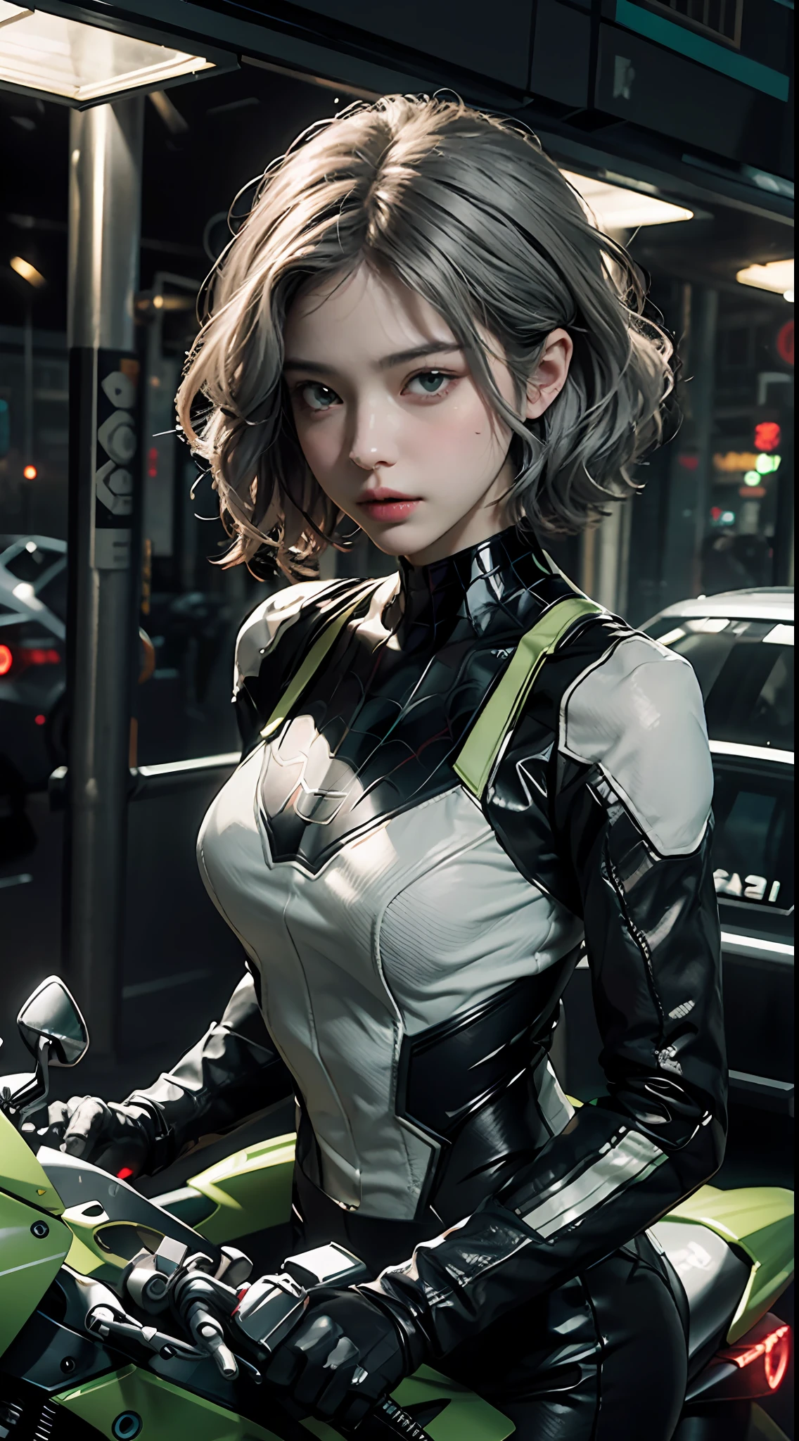 the highest picture quality、Exceptional detail、ultra-highresolution、(realistness:1.4)、the best illustration、Prefer details、Highly condensed 1girl、delicate and beautiful face、Dressed in black and green mechs、Wearing a mecha helmet、Has a direction controller、Riding a motorcycle、The background is the high-tech lighting scene of the futuristic city of Tokyo。White Spider-Man Costume、Silver hair color