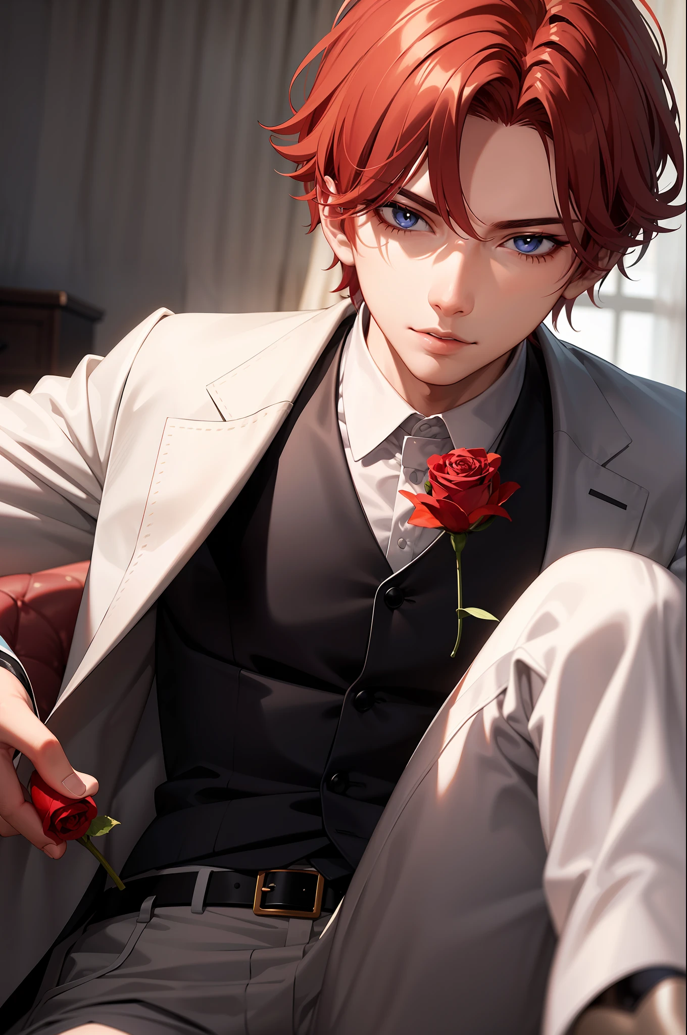 (Masterpiece) (High Detail) Digital art of (beautiful face), 3D anime style, young man, red hair, seductive gaze, white suit and burgundy vest, holding a red rose, fullbody