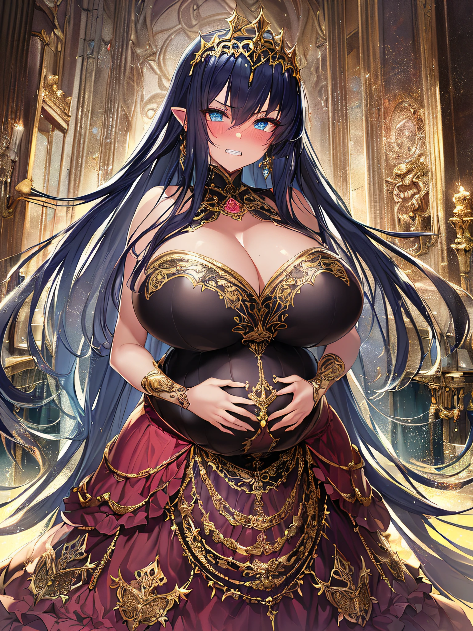 ((anime artstyle)),(Masterpiece),(Best Quality), (Super Detail),((Very Delicate and Beautiful)),Focus on character,Dynamic Angle,Looking at viewer,((Solo)),standing,(((full body))),((one evil pregnant empress in gorgeous ball gown with voluminous skirt)),detailed face and eyes,((heavily pregnant)),((clenched teeth,blush)),embarrassed,jewel-like eyes,((Very Long voluminous Hair)),gorgeous embroidery and lace,See-through,ornate ruffles,Gorgeous jewelry ornaments,luxury hair ornament,luxury and evil tiara with jewels,(gigantic breasts,Long breasts),full body,(((evil and dark atmosphere))),full body,heavily pregnant,(inside of prison),jeweled evil ball gown,(((gorgeous ball gown with voluminous skirt)))