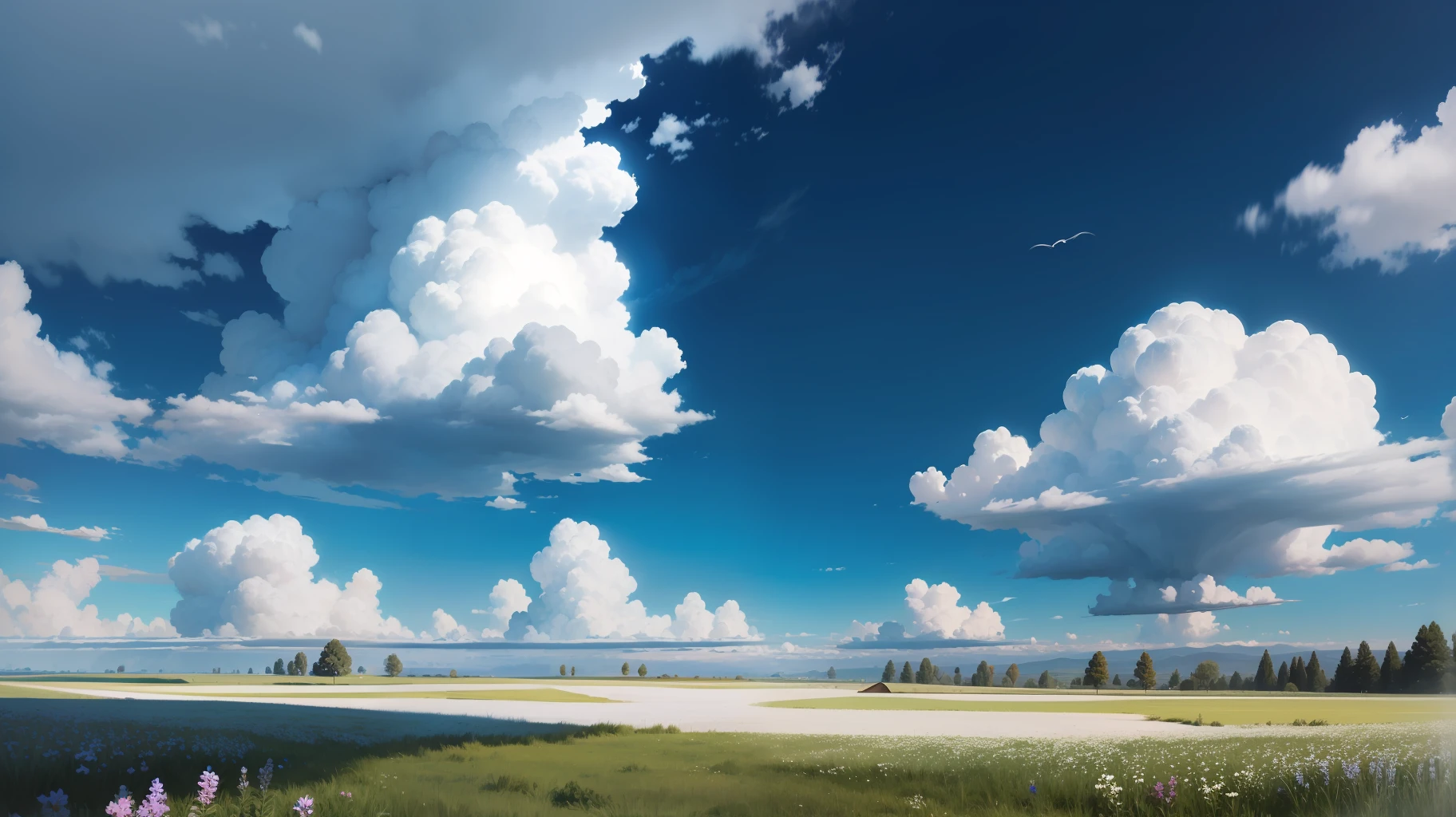 Meadows under blue sky and white clouds