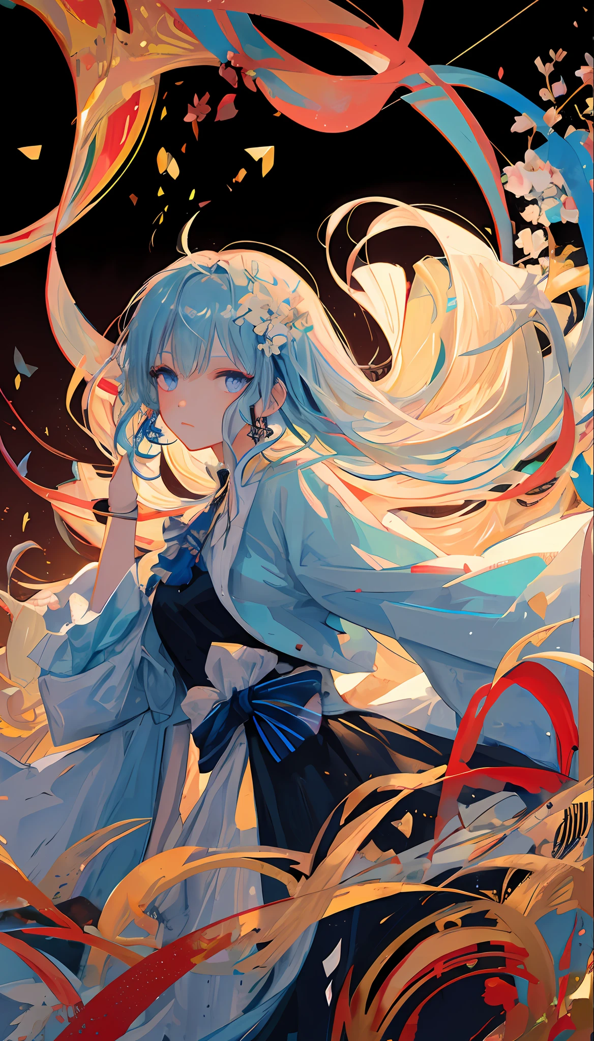 (masterpiece), (best quality), (ultra detailed),(disheveled hair),(illustration), (1girl), (Fashionable clothing), standing, Fashion model, looking at viewer, (interview), (simple background),beautiful detailed eyes, delicate beautiful face, Floating,(high saturation),(colorful splashes),colorful bubble,(shining), focus on face,  kamisato ayaka, light blue hair, bangs, hair ring, floating flowers, floating hairs.Girl, anime waifu, looking at viewer, highlydetailed, reflections transparent iridescent colors, long transparent iridescent RGB hair, artby Serafleur from artstation, thick acrylic，illustration on pixiv, waist up portrait, gorgeoussacred girl, best quality, ultra detailed,sad,clever,beautiful face , beautiful lighton black background, Character stvle renderedby Octane,