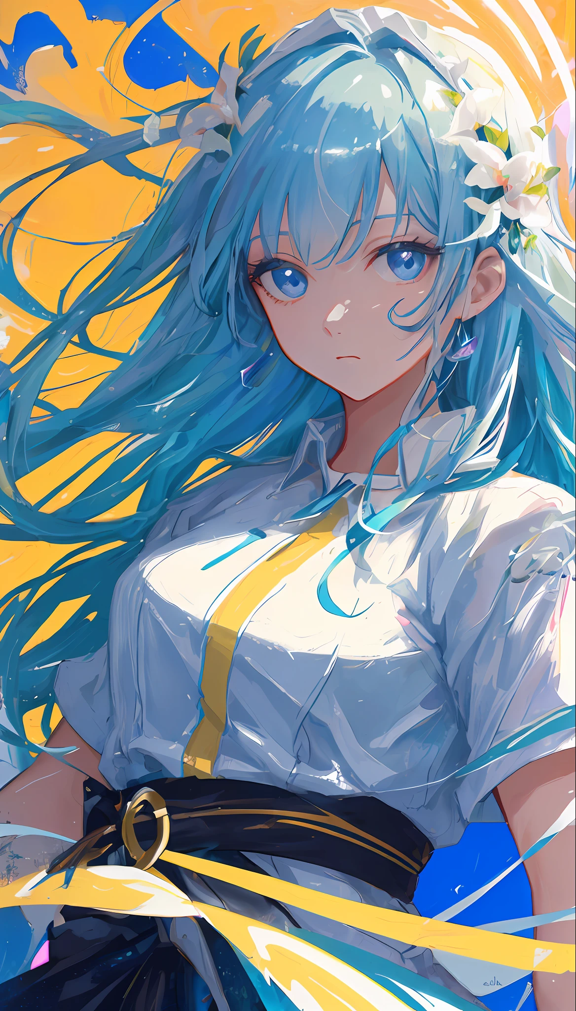 (masterpiece), (best quality), (ultra detailed),(disheveled hair),(illustration), (1girl), (Fashionable clothing), standing, Fashion model, looking at viewer, (interview), (simple background),beautiful detailed eyes, delicate beautiful face, Floating,(high saturation),(colorful splashes),colorful bubble,(shining), focus on face,  kamisato ayaka, light blue hair, bangs, hair ring, floating flowers, floating hairs.Girl, anime waifu, looking at viewer, highlydetailed, reflections transparent iridescent colors, long transparent iridescent RGB hair, artby Serafleur from artstation, thick acrylic，illustration on pixiv, waist up portrait, gorgeoussacred girl, best quality, ultra detailed,sad,clever,beautiful face , beautiful lighton black background, Character stvle renderedby Octane,