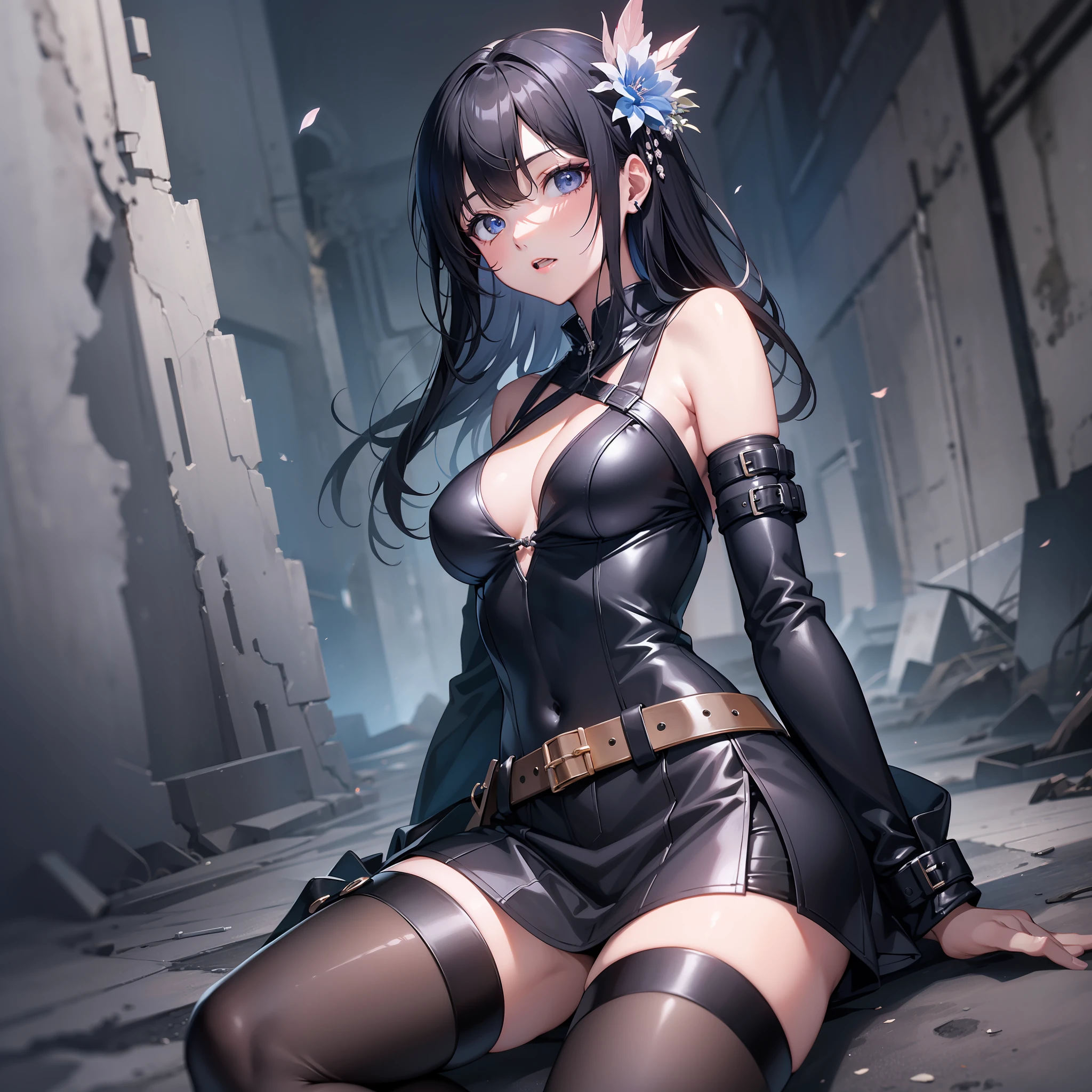 Fantasy world、You exploring the deep ruins underground(the viewer)with the、Beautiful Girl Bandit Partner,、Proceeding vigilantly in the darkness。Black leather costume、Easy-to-move appearance、miniskirts、Lively looking beautiful girl、Equipped with a dagger on the waist for self-defense、double tooth、Fashionable beautiful girl、(One woman)、The Masterpiece、Realstic、photorealestic、2D、Beautiful detailed、depth、Fine-grained、Super fine、Fully focused、vivid、best qualiy、best qualiy、Ultra-detail、Hi-Res、high - resolution、BMX、Highly detailed CG、
