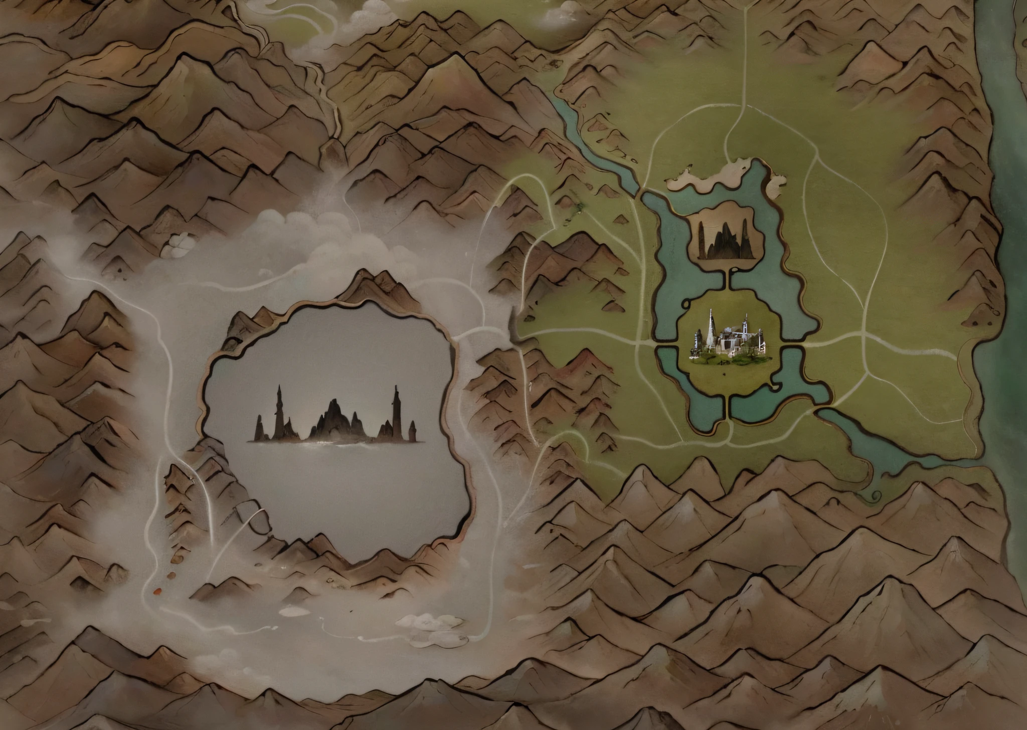 (map), a map of rpg game, detailed, mountains, rivers, auspicious clouds, masterpieces, holding, super detail, epic composition, ultra HD, high quality, extremely detailed, official art, unified 8k wallpaper, Super detail, 32k -- v 6, no sunshine, snowy land and green steppe