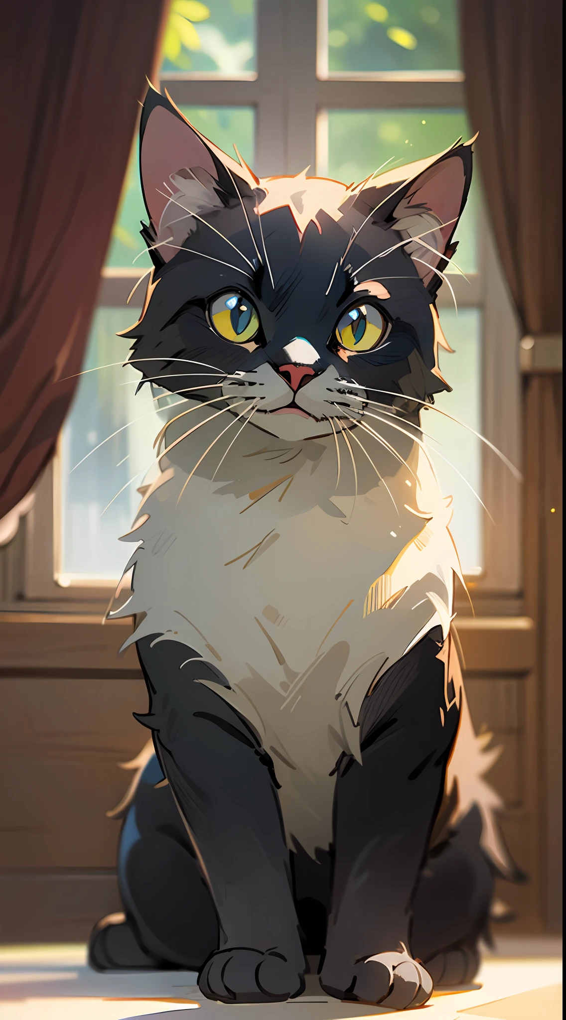 (masterpiece, best quality), black cat, cute, warm lighting
