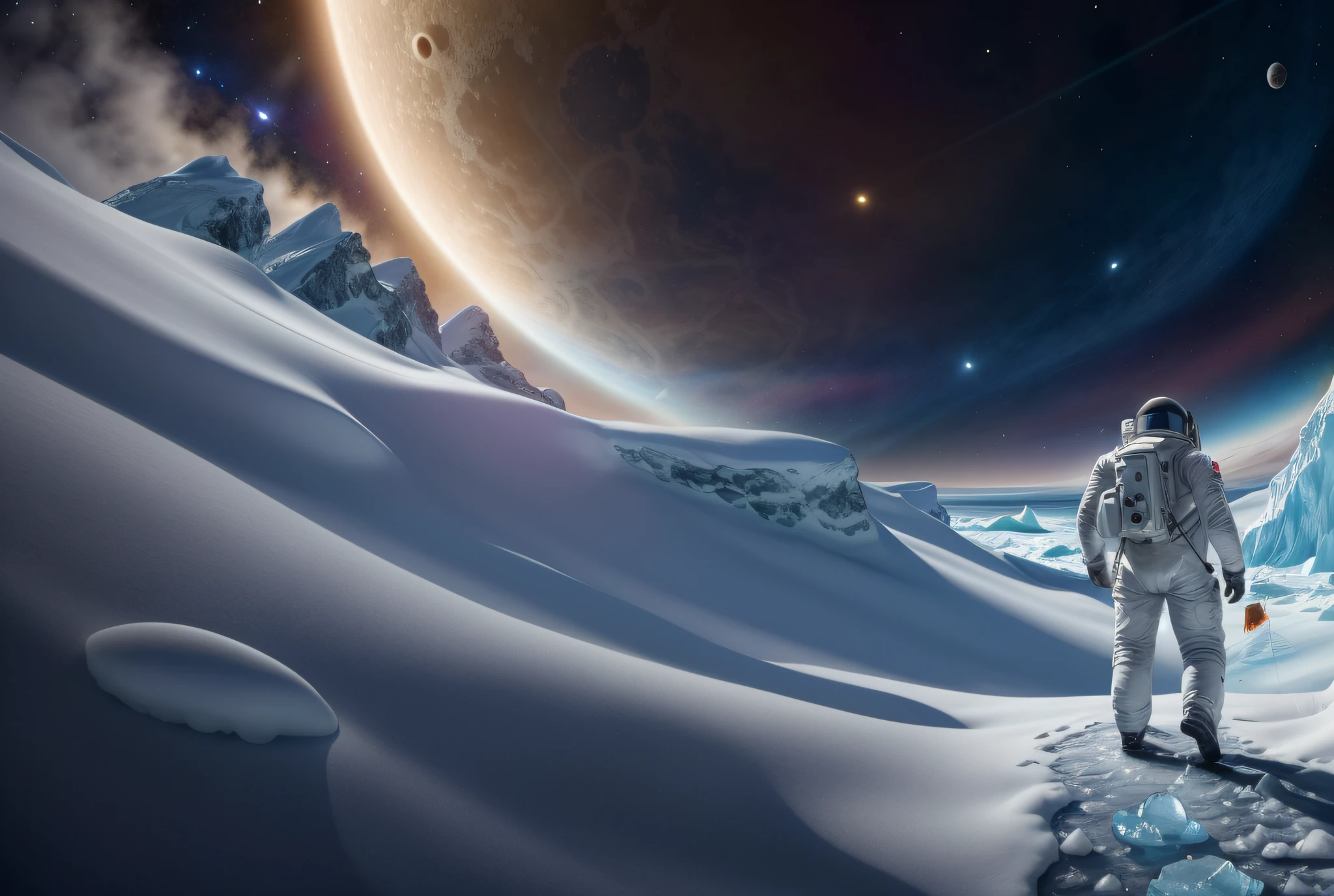Astronaut walking around the planet with a backpack in hand, astronaut walking, walking across ice planet, astronaut stranded on planet, astronaut standing looking, standing in outer space, The astronaut, detailed astronaut, The astronaut, astronaut in space, An astronaut, movie poster character, Spacesuit, inspired by Aleksandr Gerasimov, an astronaut lost in the ocean