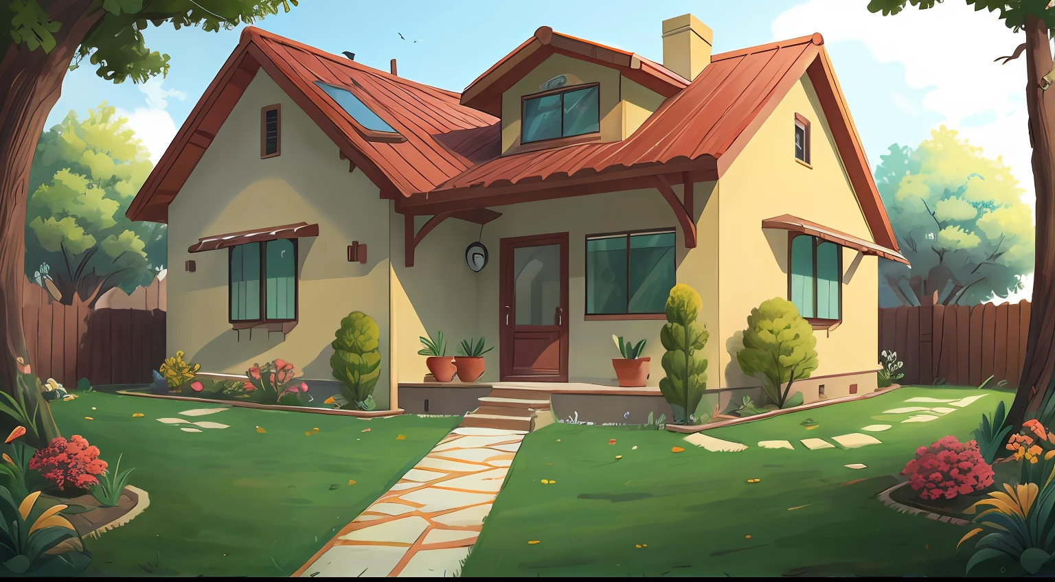 front yard, yard, house, modern house, no people, background only (masterpiece, 8k ality, award winning, super detailed)