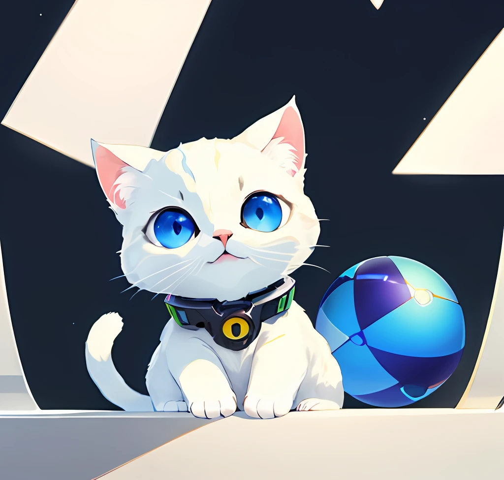 Colorful rubber ball,A white cat,Cute cat,Big blue eyes,Lovely,Mechanically,Technology,mechamusume,Fantastic background