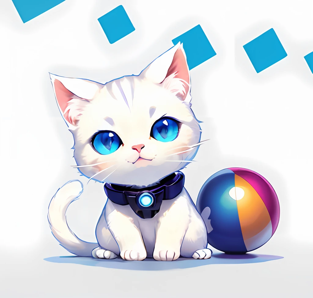 Colorful rubber ball,A white cat,Cute cat,Big blue eyes,Lovely,Mechanically,Technology,mechamusume,Fantastic background