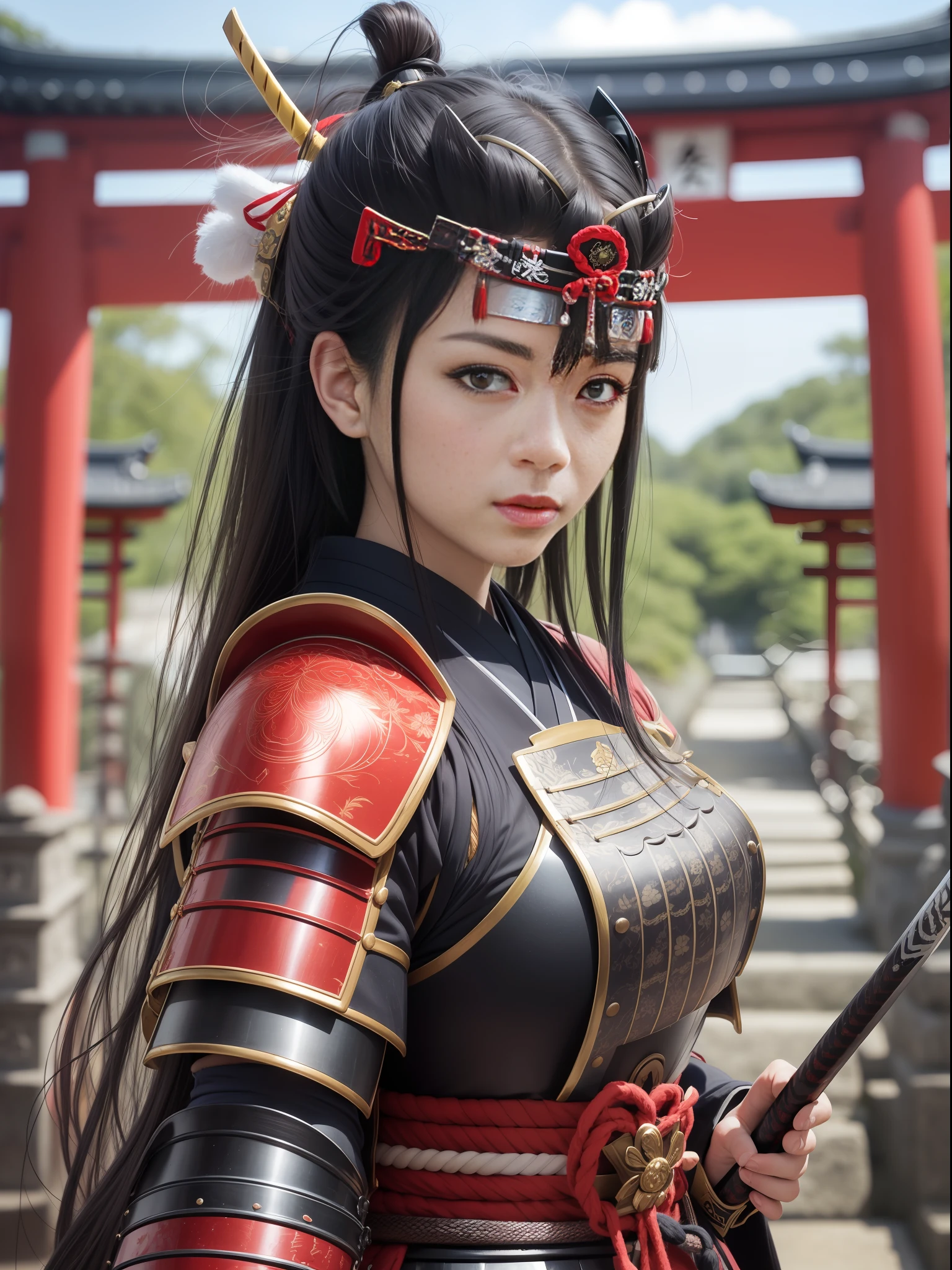 masterece-piece, best qulity, (((Realstic、photorealestic:1.37))), ((独奏)), 8K image quality , anextremelydelicateandbeautiful, splendid, Official art with attention to detail, Unbelievably ridiculous, huge filesize, Ultra-detail, extremely detaild, (Pretty girl), (detailed girl), Detailed eyes and face, Beautiful detailed eyes, Light makeup, (1 girl), (Perfect female figure), big chest, Slim waist, large ass, (Japan Beauty), ((full - body)), With bangs, Serve, ((Samurai Japan Woman)), ((Japan red and black armor)), (Detailed Japan armor), Japan sword1Holding a book, (18 age), dry river bed , ((Samurai Japan Woman)), ((Japan red and black armor)) , Wakizashi, (Detailed Japan armor), Shrines and temples,