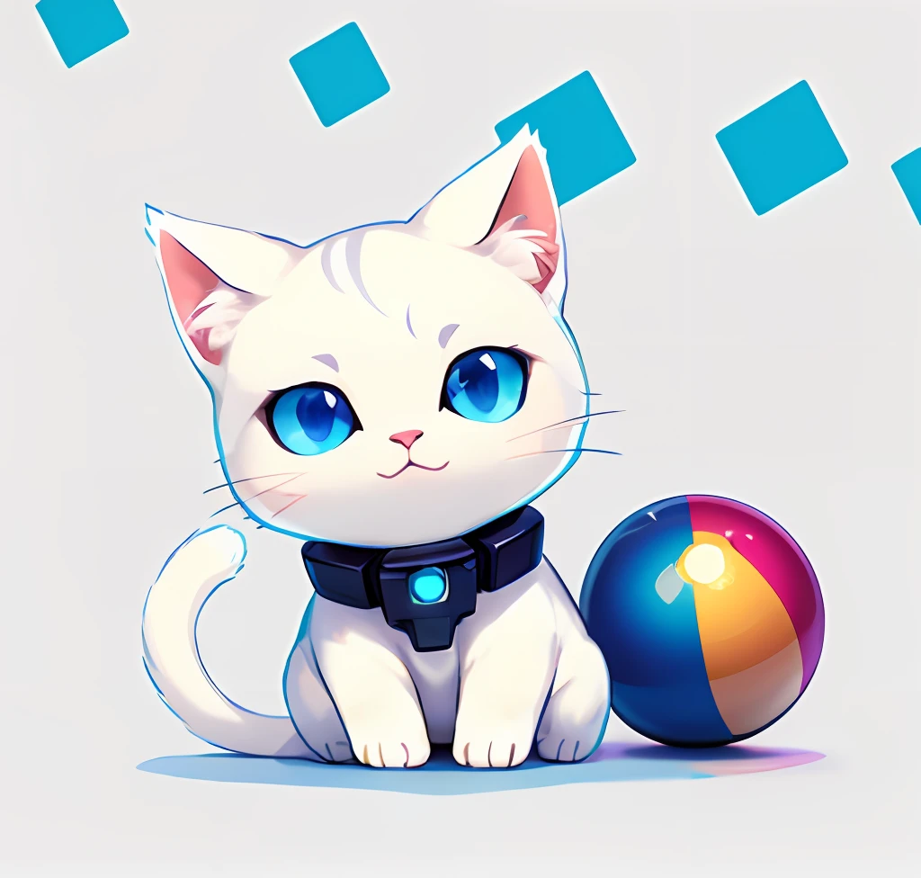Colorful rubber ball,A white cat,Cute cat,Big blue eyes,Lovely，Mechanically，Technology，mechamusume，Fantastic background