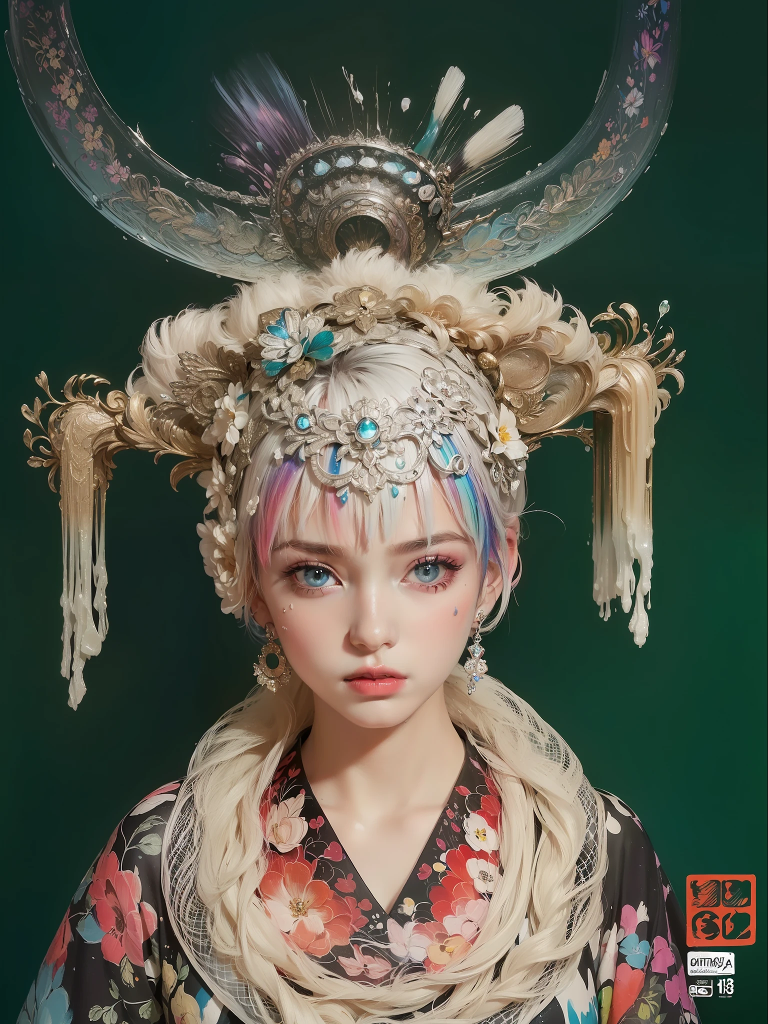 (Pink Fashion T-shirt:1.9),(Colorful hair: 1.8), (all the colours of the rainbow: 1.8),(((((vertical painting:1.6))), (painting:1.6),front, comics, illustrations, paintings, large eyes, crystal clear eyes,( rainbow color gradient high ponytail:1.7), exquisite makeup, closed mouth,(Small Fresh: 1.5),(Wipe Chest: 1.6) ,long eyelashes, white off shoulder T-shirt, White Shoulder Shirt,looking at the audience, large watery eyes, (rainbow colored hair:1.6), color splash, (solo:1.8), color splash, color explosion, thick paint style, messy lines, ((shining)),(colorful), (colorful), (colorful), colorful, Thick Paint Style, (Splash) (Color Splash), Vertical Painting, Upper Body, Paint Splash, Acrylic Pigment, Gradient, Paint, Highest Image Quality, Highest Quality, Masterpiece, Solo, Depth of Field, Face Paint, colorful clothes, (Elegant: 1.2), gorgeous,long hair, wind, (Elegant: 1.3), (Petals: 1.4),(((masterpiece))),(((best quality))),((ultra-detailed)),(illustration),(dynamic angle),((floating)),(paint),((disheveled hair)),(solo),(1girl) , (((detailed anima face))),((beautiful detailed face)),collar,bare shoulders,white hair, ((colorful hair)),((streaked hair)),beautiful detailed eyes,(Gradient color eyes),(((colorful eyes))),(((colorful background))),(((high saturation))),(((surrounded by colorful splashes))),