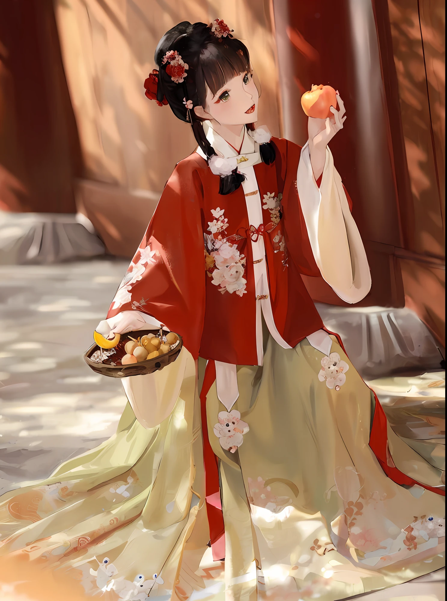 there is a woman in a kimono dress holding a piece of fruit, royal palace , A girl in Hanfu, Hanfu, wearing ancient Chinese clothing, Traditional Chinese clothing, with acient chinese clothes, red kimono with flower patterns, White Hanfu, Chinese costume, wearing ornate silk clothes, traditional chinese, traditional outfit, Chinese style, traditional outfit, Chinese dress