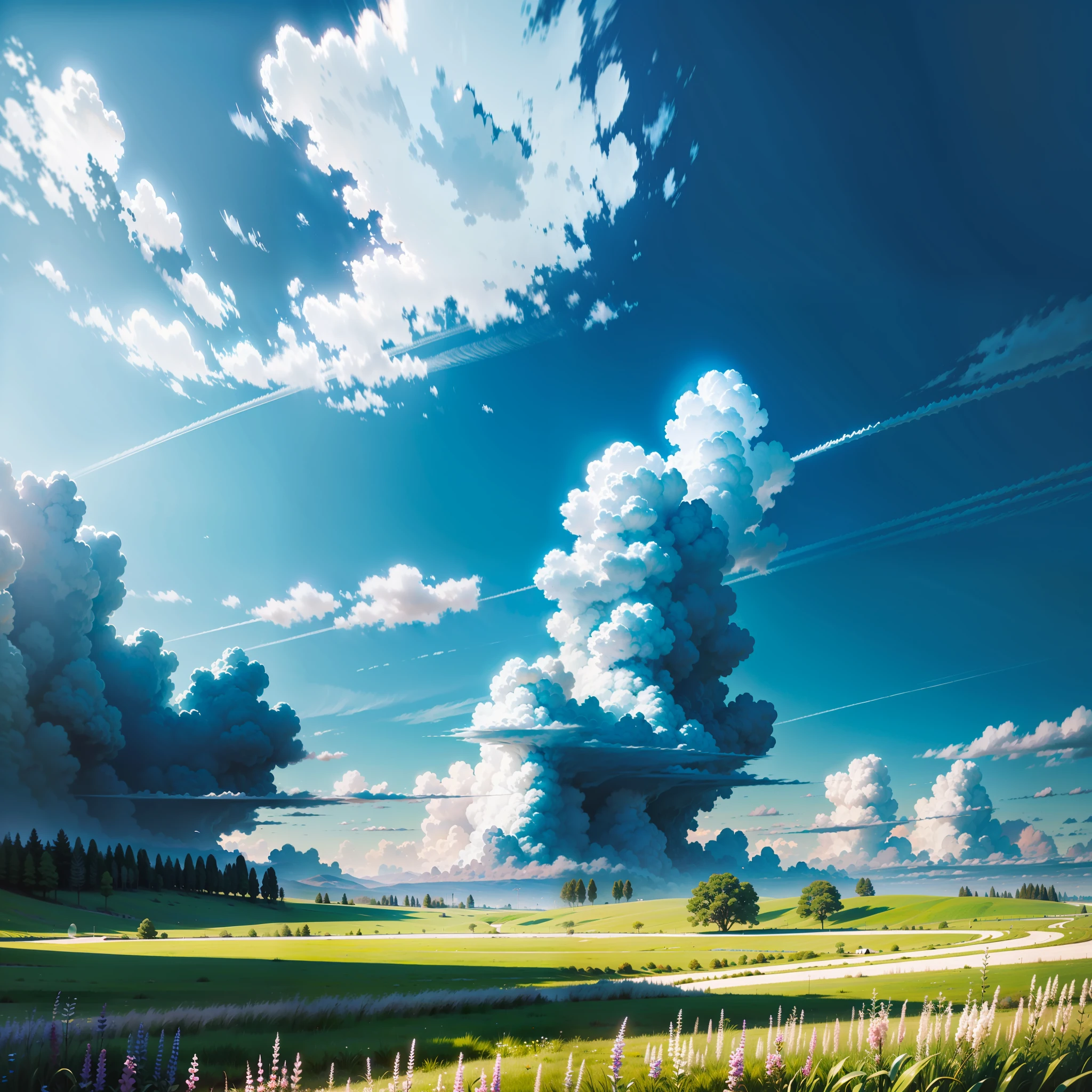 Meadows under blue sky and white clouds