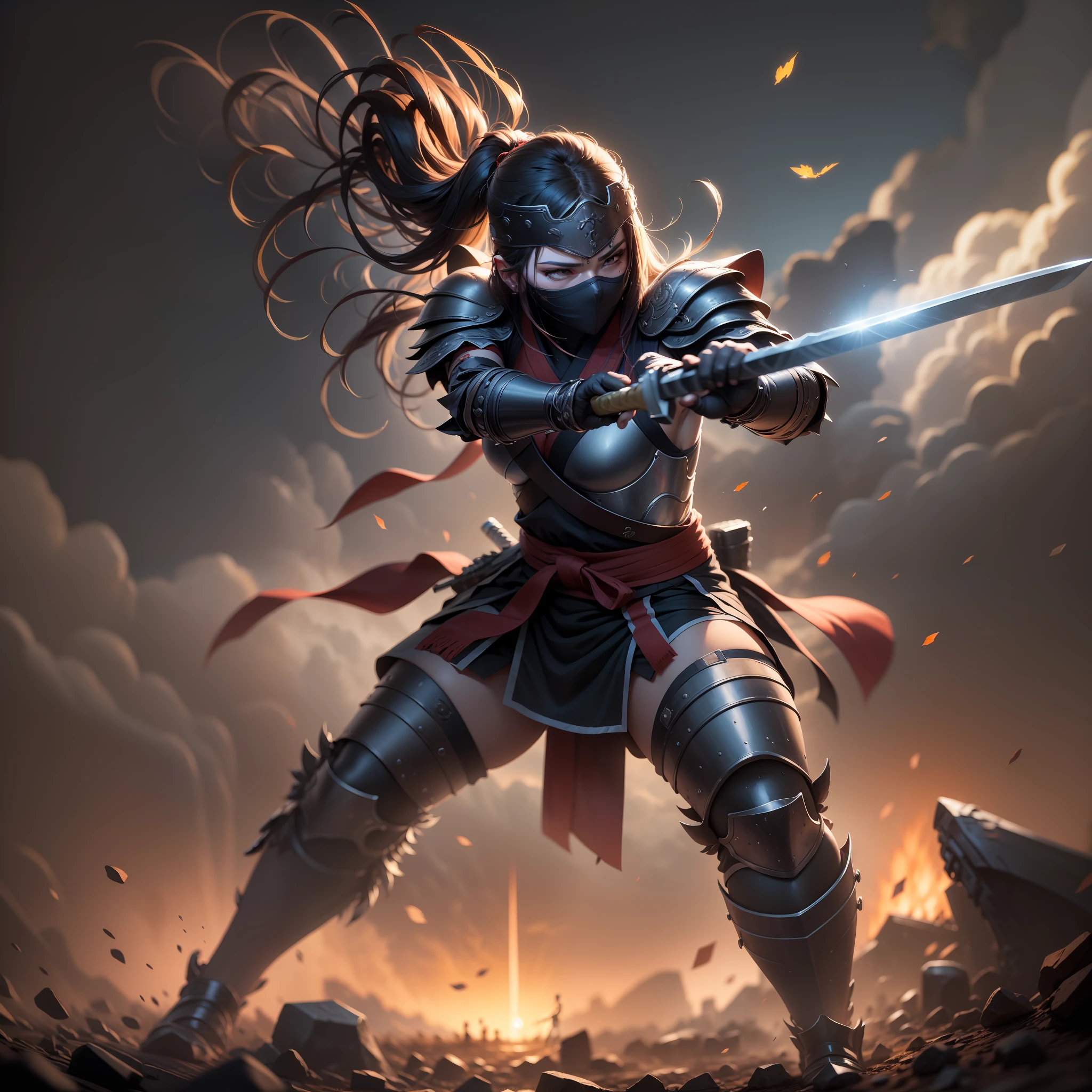 (Positive Focus), (In the Dark: 1), (Best Quality), Movie Poster, Highly Detailed, 8k Wallpaper, Volume Lighting, Dynamic Lighting, A Girl, Long Black Hair, Ponytail, Black Metal ninja Armor, Red Belt, Black ninja Armor, Shoulder ninja Armor, Waist Guard, Hand Guard, Veil, Holding a Long katana Sword in front of Body, Ancient japanese Style, Battle Stance, Lots of Blood, Blood Stains on Face, Clothes Damaged, Ancient Chinese Battlefield, Ancient Japanese ninja Soldiers, Arrows Flying, War, Night, Dramatic Composition, Sword qi surrounding, rich picture detail, war, movie lighting,