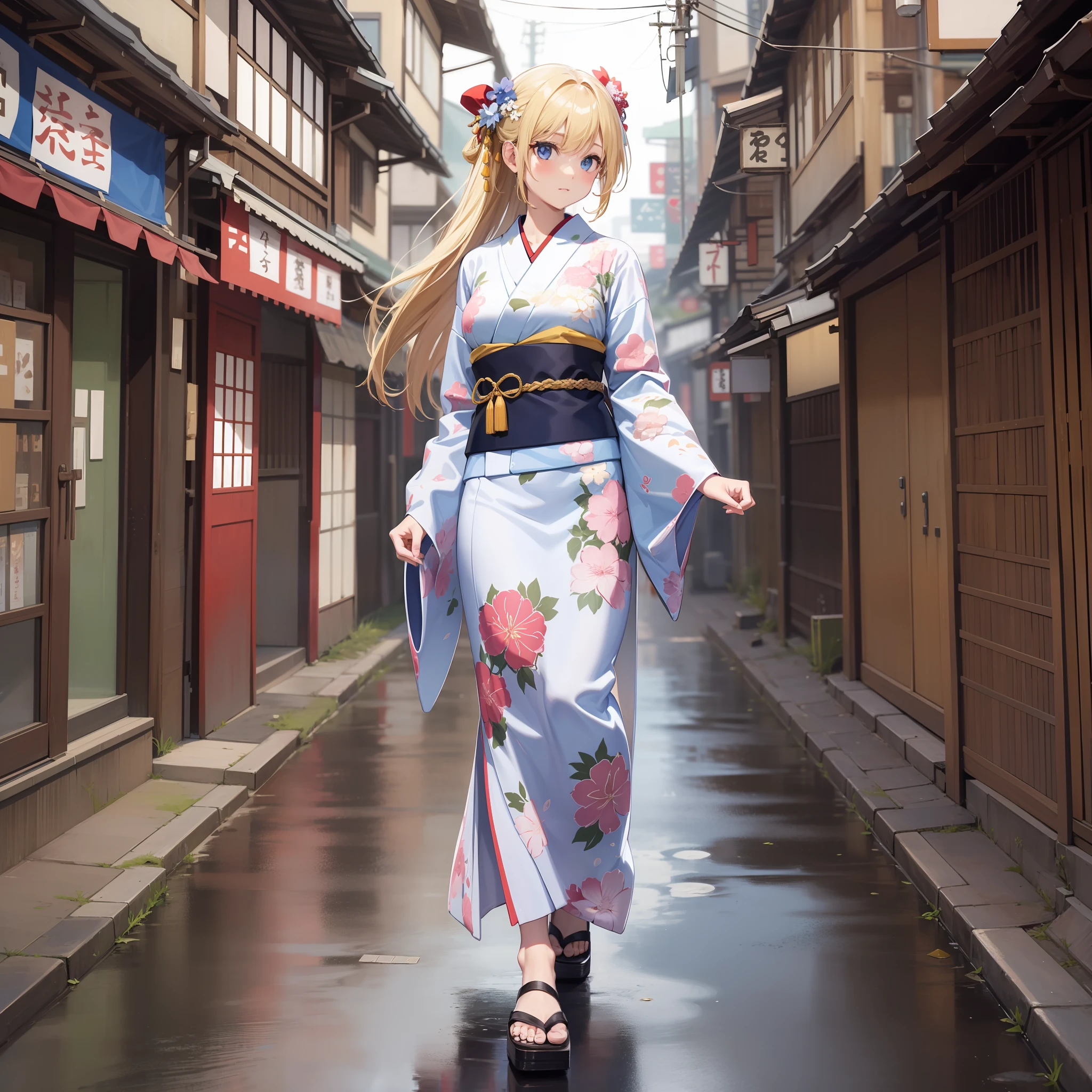 Swordsman beauty in Japan kimono、Walking around the city、a blond、Stunning style