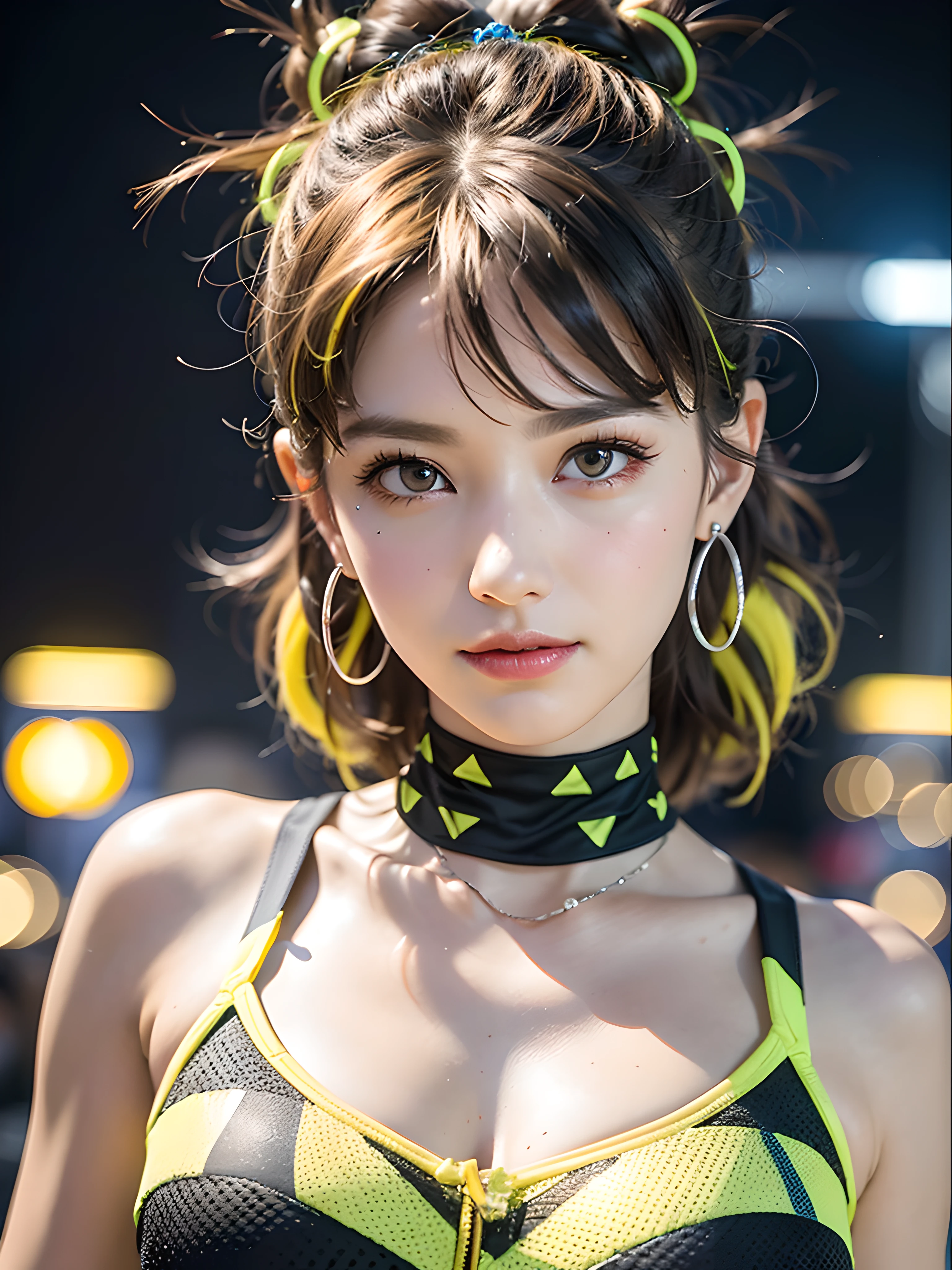 Best quality,The Masterpiece,Ultra-high resolution fills the picture,Indoor at night,Neon lights,Yellow color scheme,Rich yellow,Bright yellow,the hair,Dye hair,Yellow and black tights,Yellow and black color scheme clothing,complex backgrounds,Weight instruments in the background,High-tech screen in the background,Lateral face,Smiling,Dress less,There are fitness elements in the rear,nike,nike,Tech gym,Perfect makeup,beautiful,Love eyes,8K quality,Cyberpunk,sense of science and technology,Character backlighting,rim-light,Movement changes,Flowing hairstyle,Loose hairstyle,The number of fingers is refined,6 avatar diagrams,Fairy air fluttering,Luminous stud earrings,Luminous choker,accutron,The most beautiful girl in mankind,Delicate close-up of the face,Realistic image quality,Super light and shadow,Very good figure,Meticulous,Arrow symbol,Brand sense,English slogan neon,Runway lights,Fitness gym at night