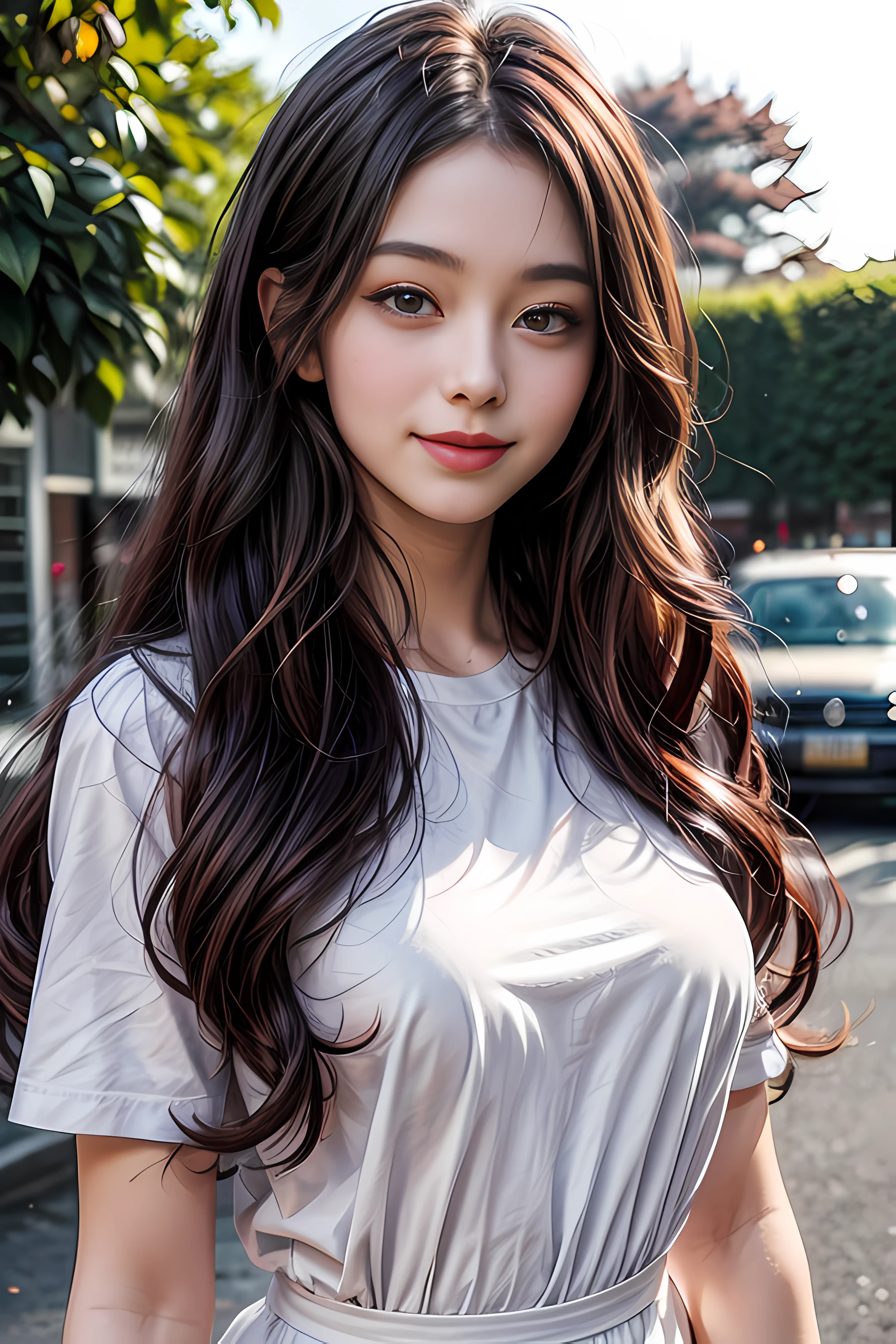 detailed eyes, detailed face, best quality , smile, (facing front), looking at viewer, white shirt, sunny day, outdoor, 1girl upperbody, dark purple red chocolate color hair dye, long way hair, thin hair, long wave hair, wavy hair, ombre hair, curly hair