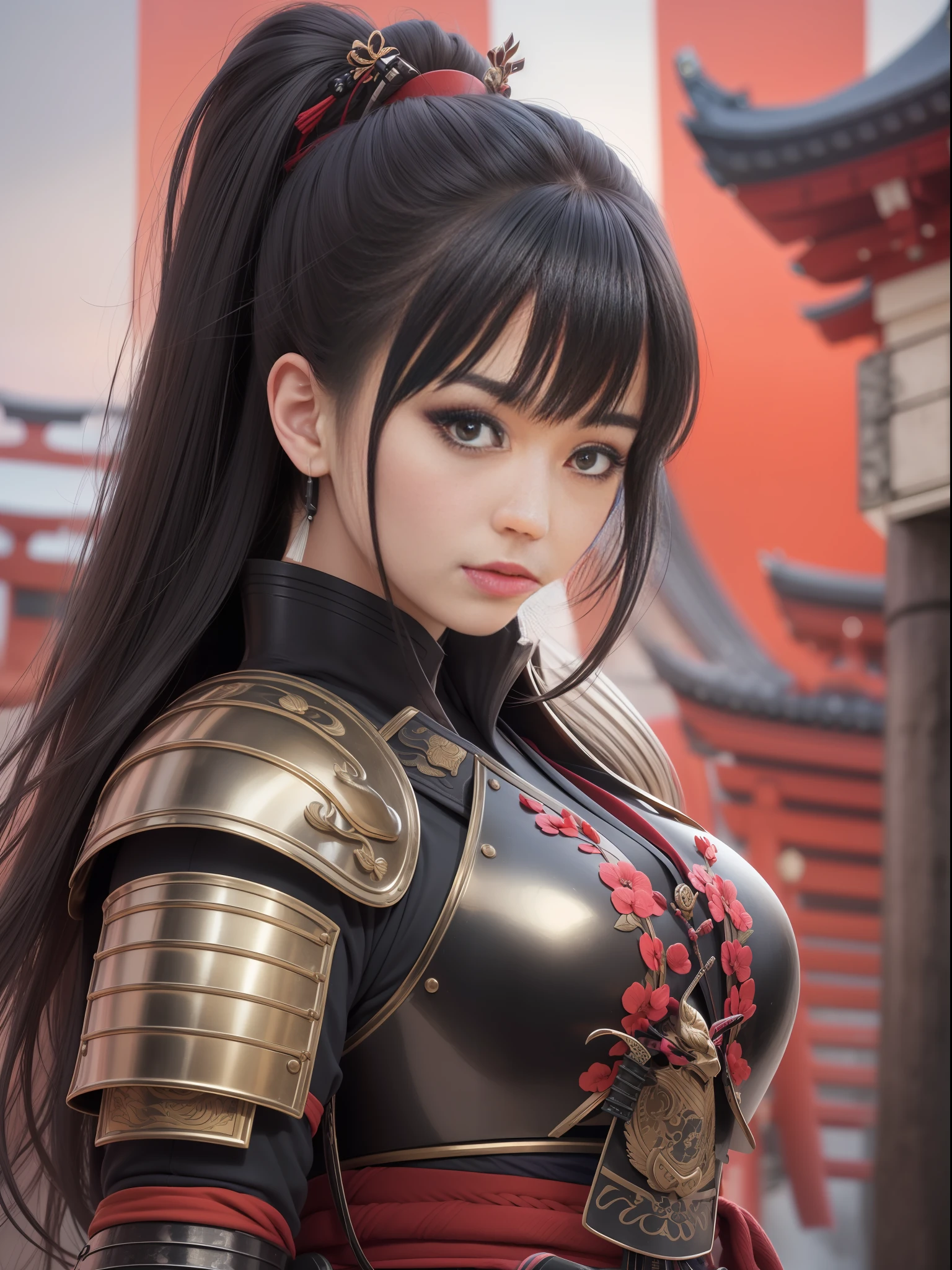 masterece-piece, best qulity, (((Realstic、photorealestic:1.37))), ((独奏)), 8K image quality , anextremelydelicateandbeautiful, splendid, Official art with attention to detail, Unbelievably ridiculous, huge filesize, Ultra-detail, extremely detaild, (Pretty girl), (detailed girl), Detailed eyes and face, Beautiful detailed eyes, Light makeup, (1 girl), (Perfect female figure), Big Chest, Slim waist, large ass, (Japan Beauty), ((full - body)), With bangs, Serve, ((Samurai Japan Woman)), ((Japan red and black armor)), (Detailed Japan armor), (18 age), ((Samurai Japan Woman)), ((Japan red and black armor)) , Wakizashi, (Detailed Japan armor), Shrines and temples,