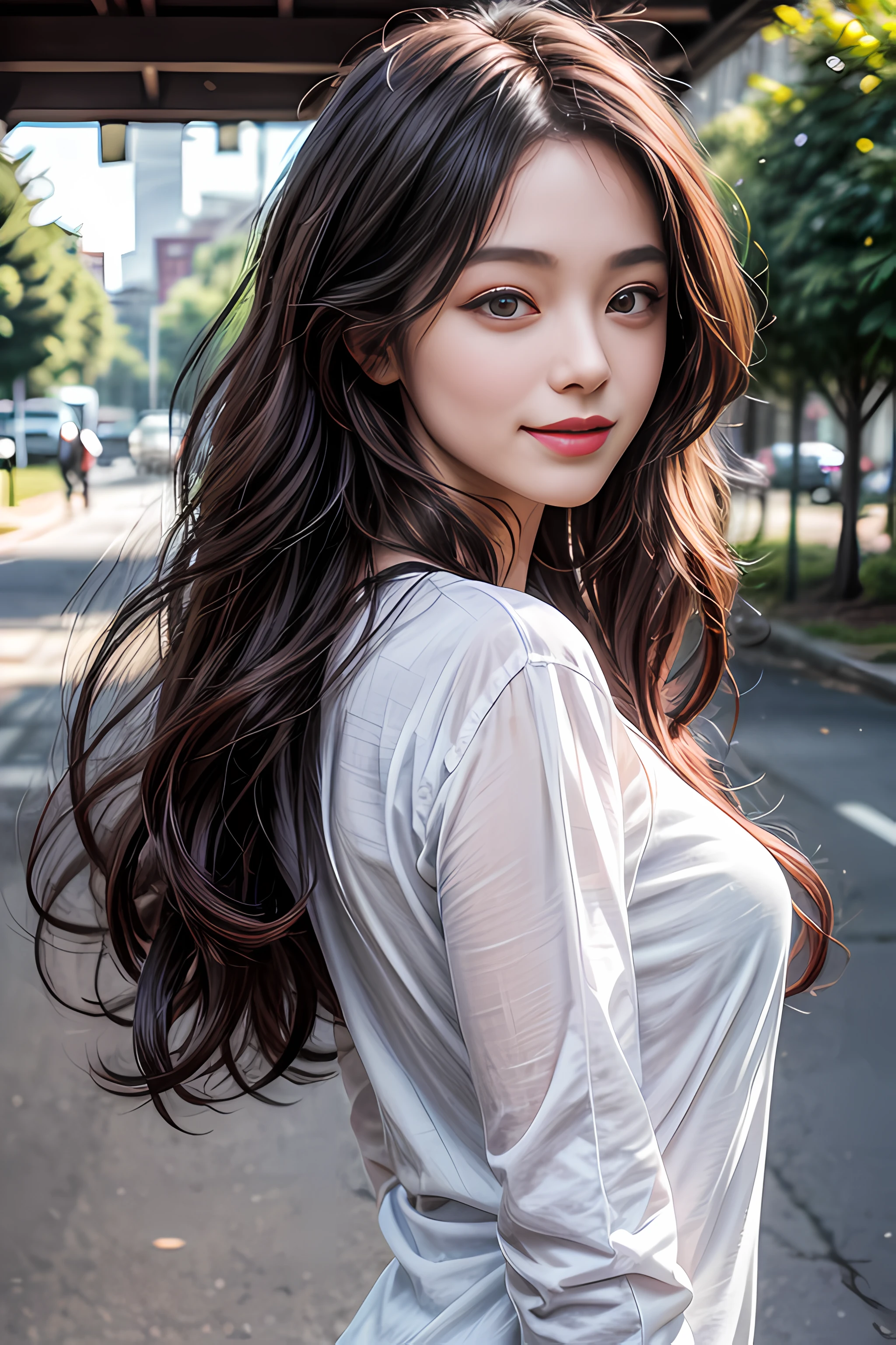 detailed eyes, detailed face, best quality , smile, (facing front), looking at viewer, white shirt, sunny day, outdoor, 1girl upperbody, dark purple red chocolate color hair dye, long way hair, thin hair, long wave hair, wavy hair, ombre hair, curly hair