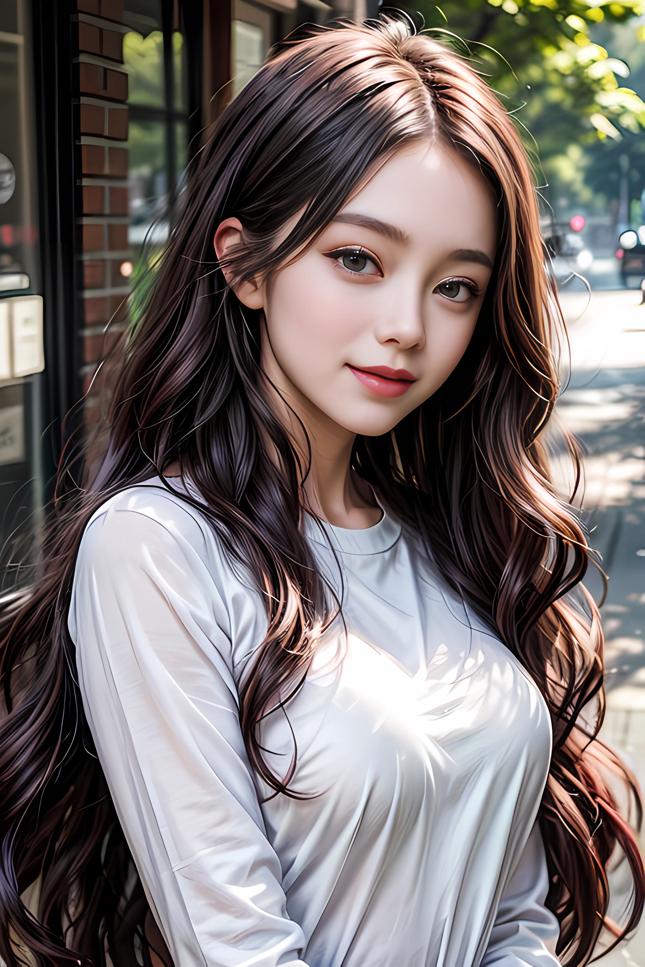 detailed eyes, detailed face, best quality , smile, (facing front), looking at viewer, white shirt, sunny day, outdoor, 1girl upperbody, dark purple red chocolate color hair dye, long way hair, thin hair, long wave hair, wavy hair, ombre hair, curly hair