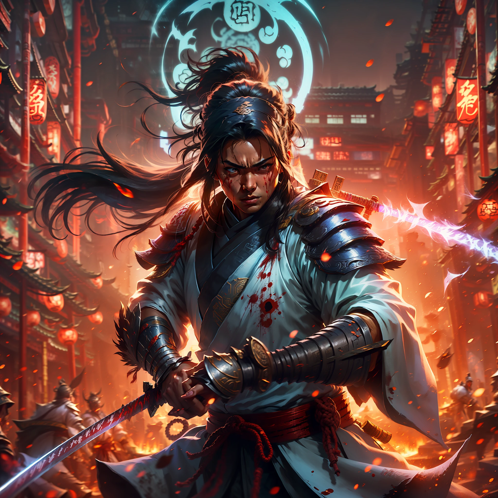 (Positive Focus), (In the Dark: 1), (Best Quality), Movie Poster, Highly Detailed, 8k Wallpaper, Volume Lighting, Dynamic Lighting, A Girl, Long Black Hair, Ponytail, Black Metal ninja Armor, Red Belt, Black ninja Armor, Shoulder ninja Armor, Waist Guard, Hand Guard, Veil, Holding a Long katana Sword in front of Body, Ancient japanese Style, Battle Stance, Lots of Blood, Blood Stains on Face, Clothes Damaged, Ancient Chinese Battlefield, Ancient Japanese ninja Soldiers, Arrows Flying, War, Night, Dramatic Composition, Sword qi surrounding, rich picture detail, war, movie lighting,