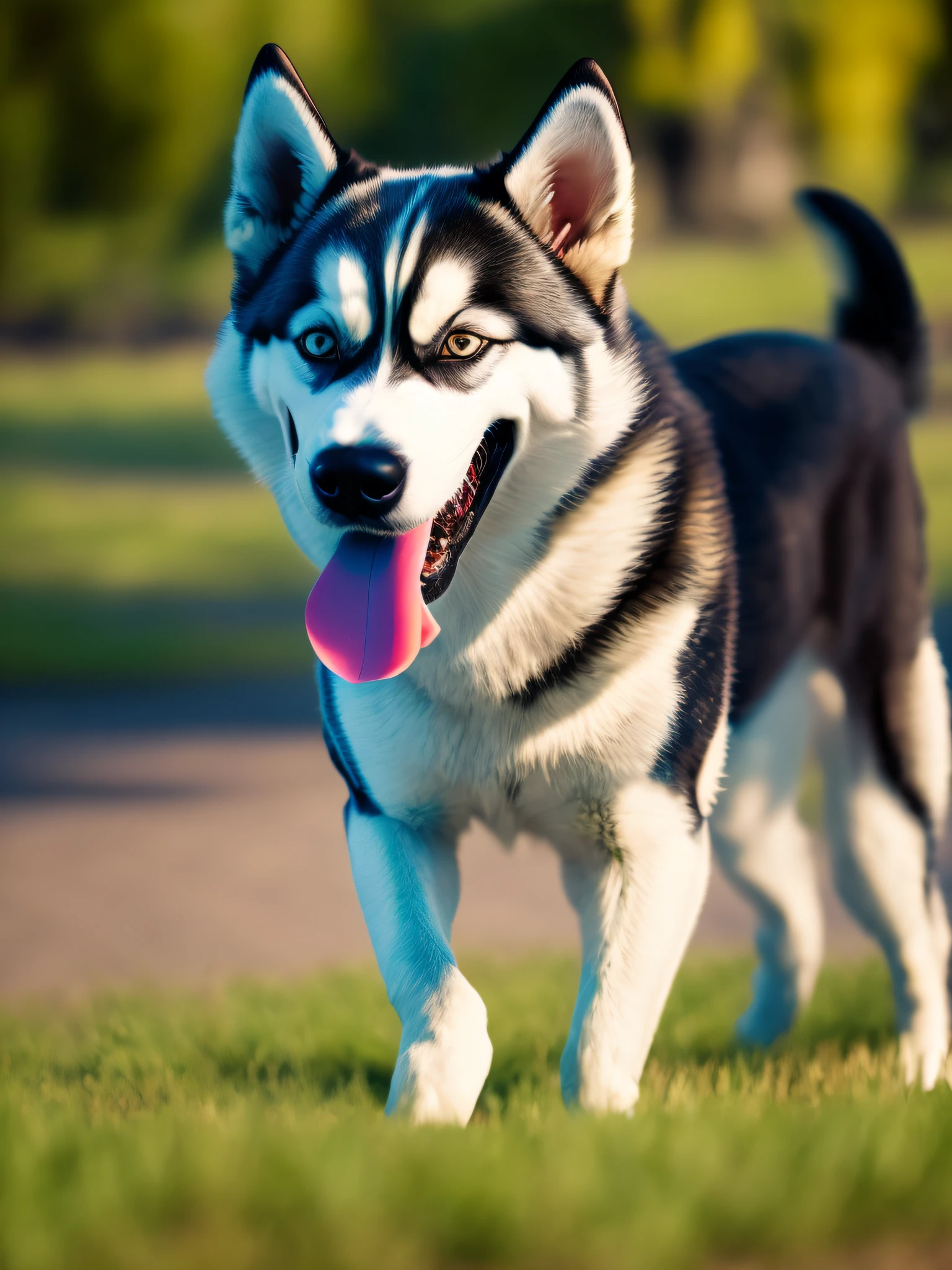 A cute husky dog is playing,parque,close-up of the private parts,high-definition,8K,Digital photos,Be authentic ,Hair,glowing with,3D,smiled,mischievous,Cartoony,sport,Side face --auto