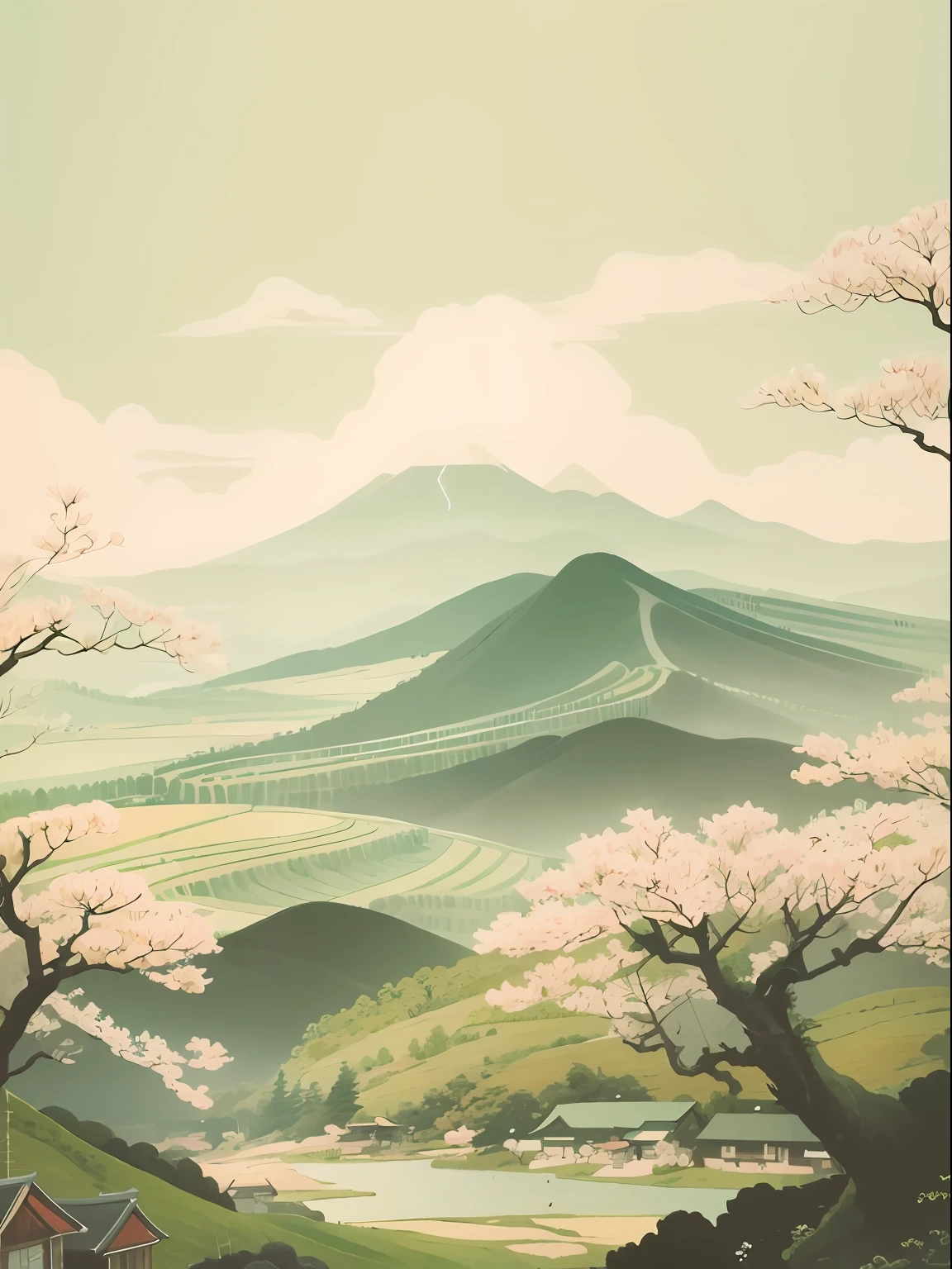 There is a picture of a beautiful landscape，The background is a mountain, japanese woodblock print style, Landscape illustration, anime countryside landscape, Japanese style painting, Japanese Landscape, summer landscape with mountain, a beautiful artwork illustration, inspired by Yoshida Hanbei, inspired by Hiroshi Yoshida, scenery artwork, japanese countryside, traditional japanese painting, Chinese landscape, Chinese painting style