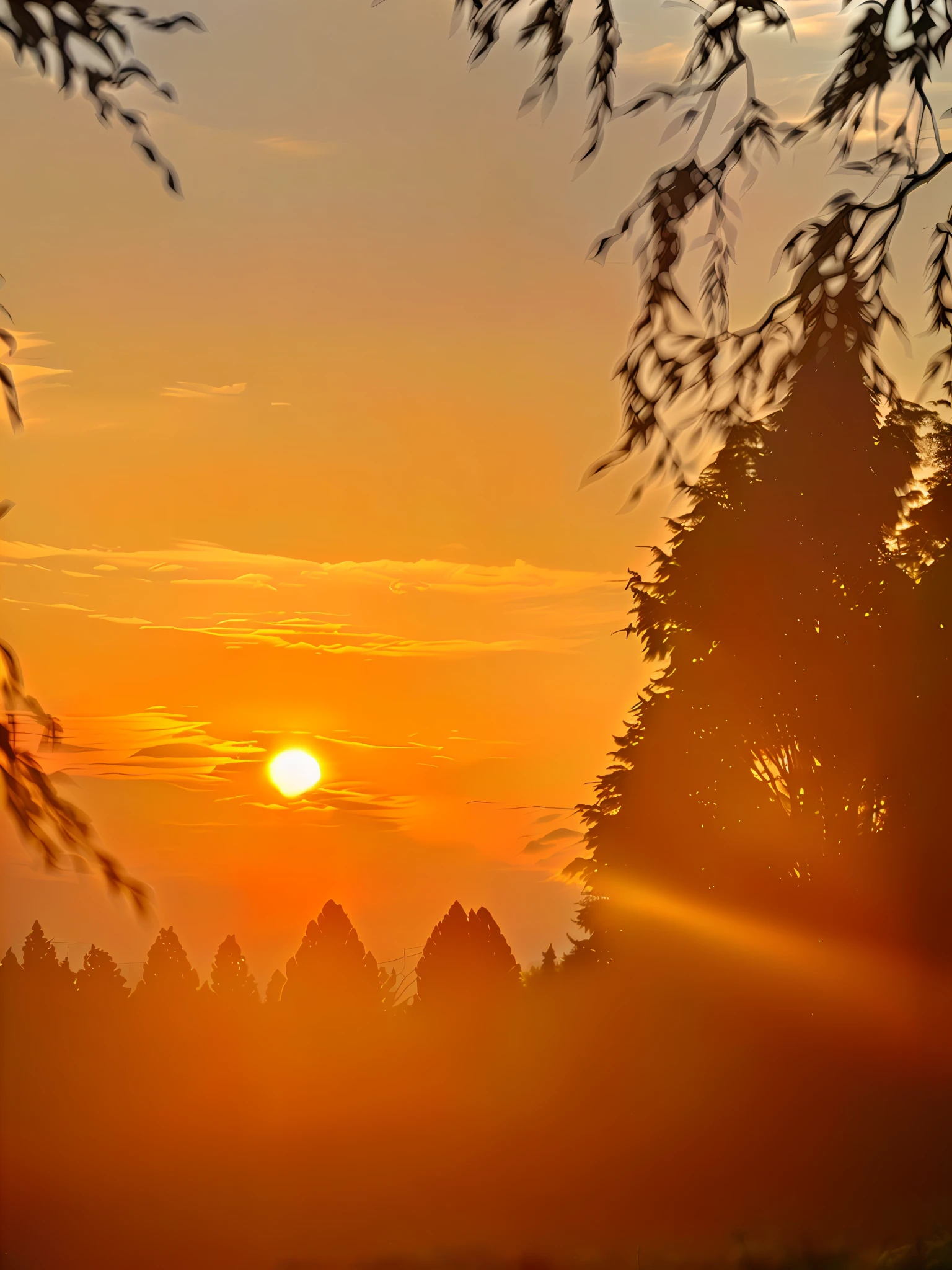 Sunset over a field with trees,A bird flies in the sky, sunsest golden hour, early morning sunrise, golden hour time, sunset at golden hour, backlit golden hour, the sun is setting, sunny amber morning light, in a sunset haze, sun setting in the background, beautiful sunrise lighting, golden hour sun rays, sunset in the distance