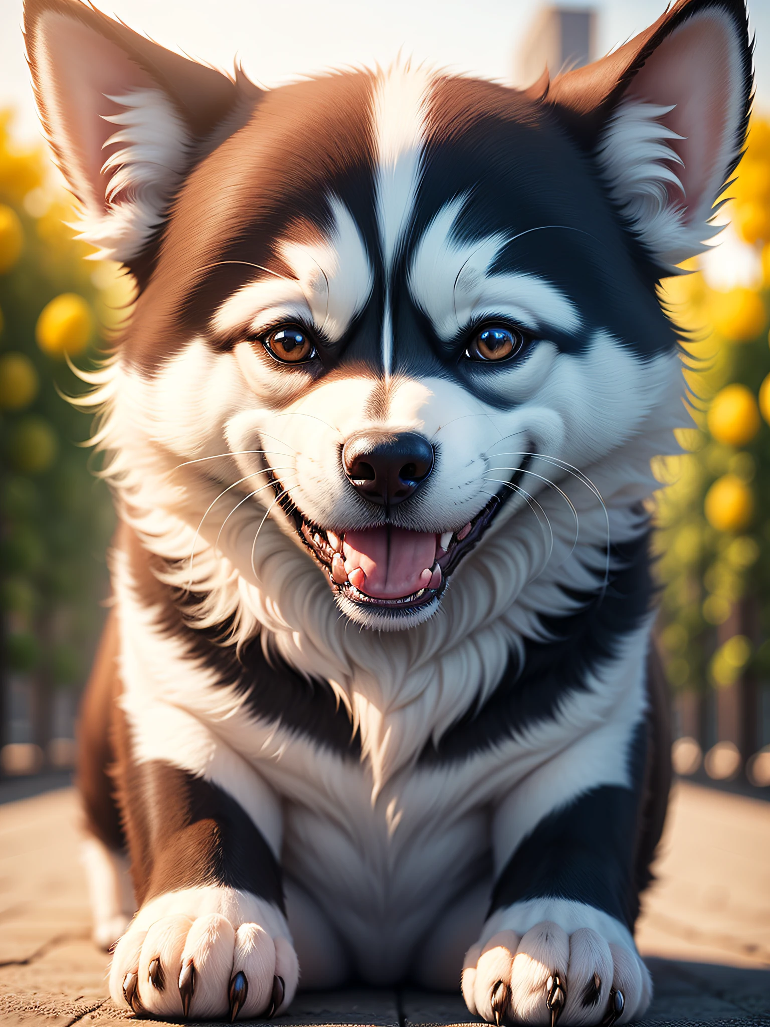 A cute husky dog is playing,parque,close-up of the private parts,high-definition,8K,Digital photos,Be authentic ,Hair,glowing with,3D,smiled,mischievous,Cartoony --auto