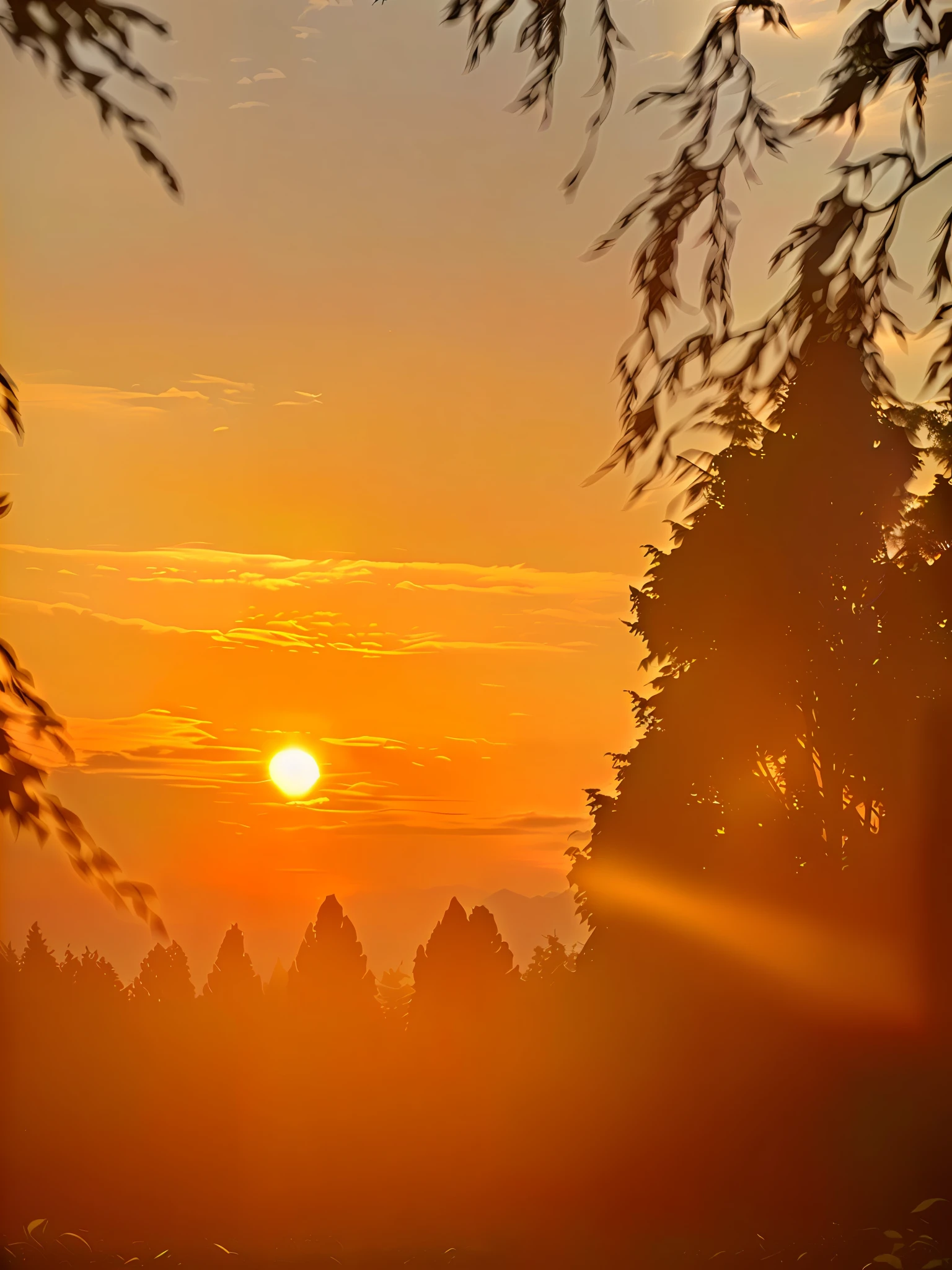 Sunset over a field with trees，A bird flies in the sky, sunsest golden hour, early morning sunrise, golden hour time, sunset at golden hour, backlit golden hour, the sun is setting, sunny amber morning light, in a sunset haze, sun setting in the background, beautiful sunrise lighting, golden hour sun rays, sunset in the distance