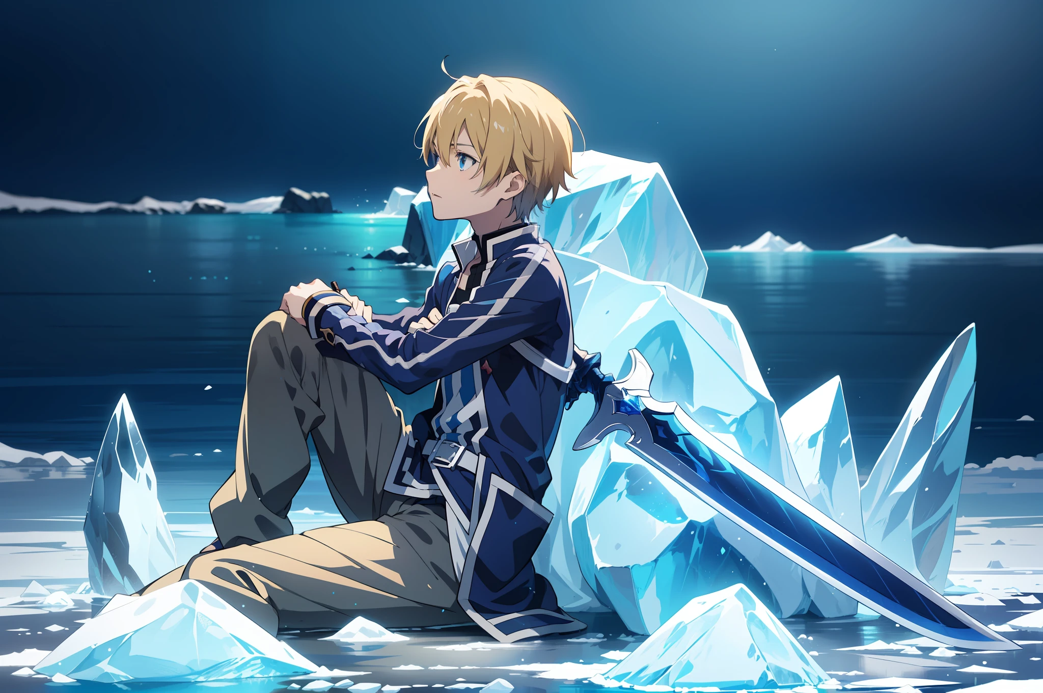 anime boy sitting on ice with sword and sword in hand, Alicization, key anime art, Sword Art Online, zerochan art, wallpaper anime blue water, inspired by Li Chevalier, kirito, anime style like fate/Stay Night, icey, zerochan, anime wallaper, Smooth Anime CG Art, master of ice, hd anime wallaper
