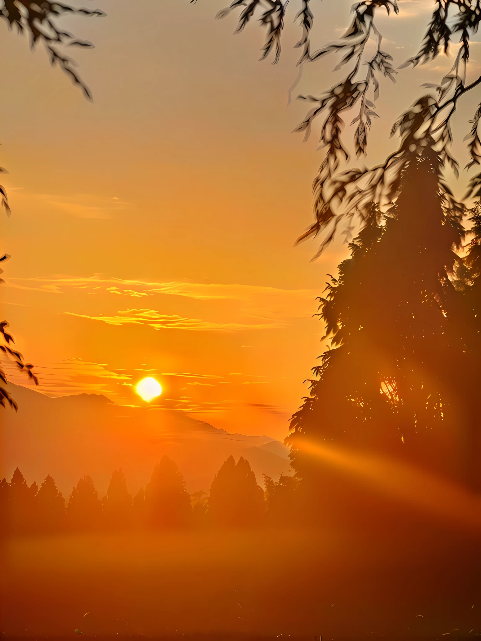 Sunset over a field with trees,A bird flies in the sky, sunsest golden hour, early morning sunrise, golden hour time, sunset at golden hour, backlit golden hour, the sun is setting, sunny amber morning light, in a sunset haze, sun setting in the background, beautiful sunrise lighting, golden hour sun rays, sunset in the distance