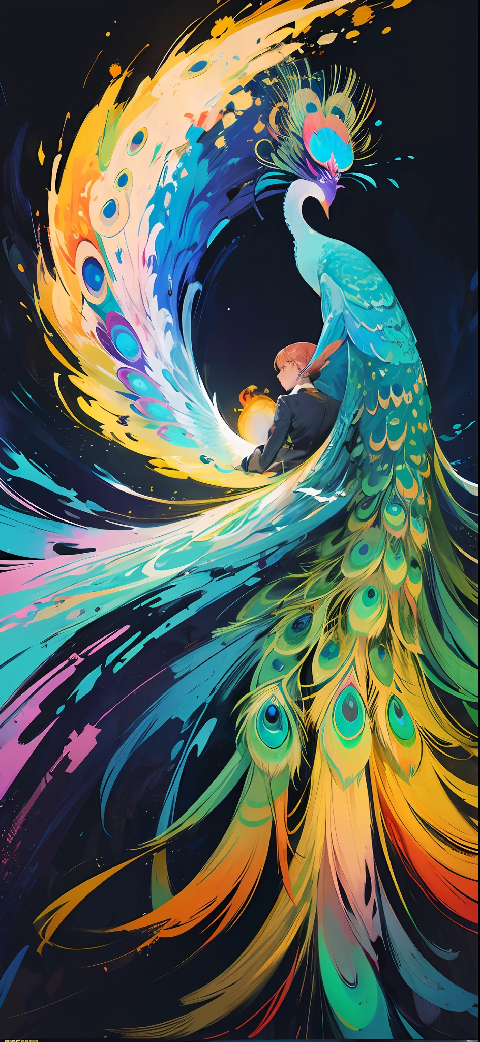 (Peacock opens the screen),front facing,There is a colorful indigenous beauty and a peacock, There are heads,erogenous,back lit, abstract painting, da pintura, Drawn by famous artists, ethereal, liquids, abstract, The Masterpiece, highly detailed, best qulity, Maximum quality, photorealistic lighting, hyper detailed, ultra realist, colour, Colorful,