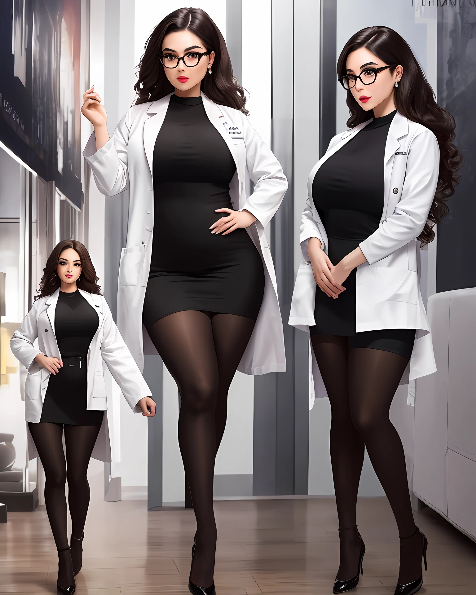 Masterpiece, 8k, stunning color, realistic, studio lights, cinema scene, a Latina women of attractive glance, thick body, aesthetic mode, sexy, wearing full body black stocking, black melting eyeshadow, bbw, doctor duty coat, attractive eyewear.