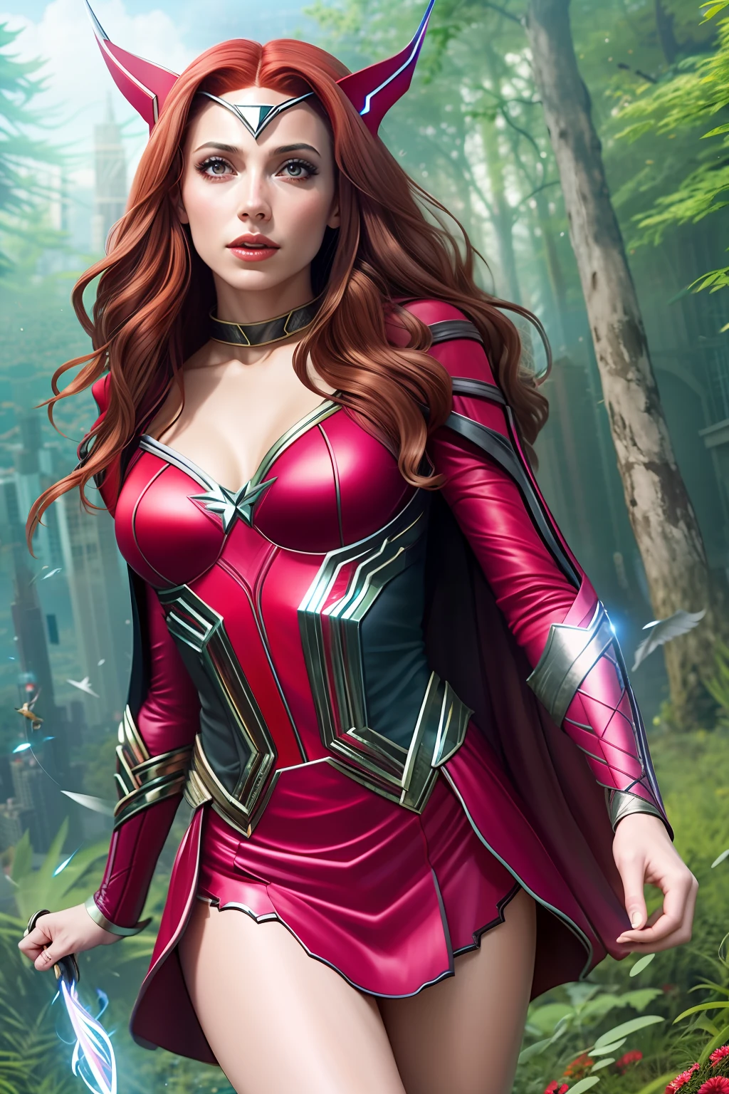 Feiticeira Escarlate, flying elegantly over the city, olhos brilhantes  irradiando poder, Dominating the battlefield with their spheres of power in their hands, Wanda Maximoff casting spells with gracefulness and dexterity, wearing her iconic Scarlet Witch outfit , enquanto ao fundo um templo misterioso se revela