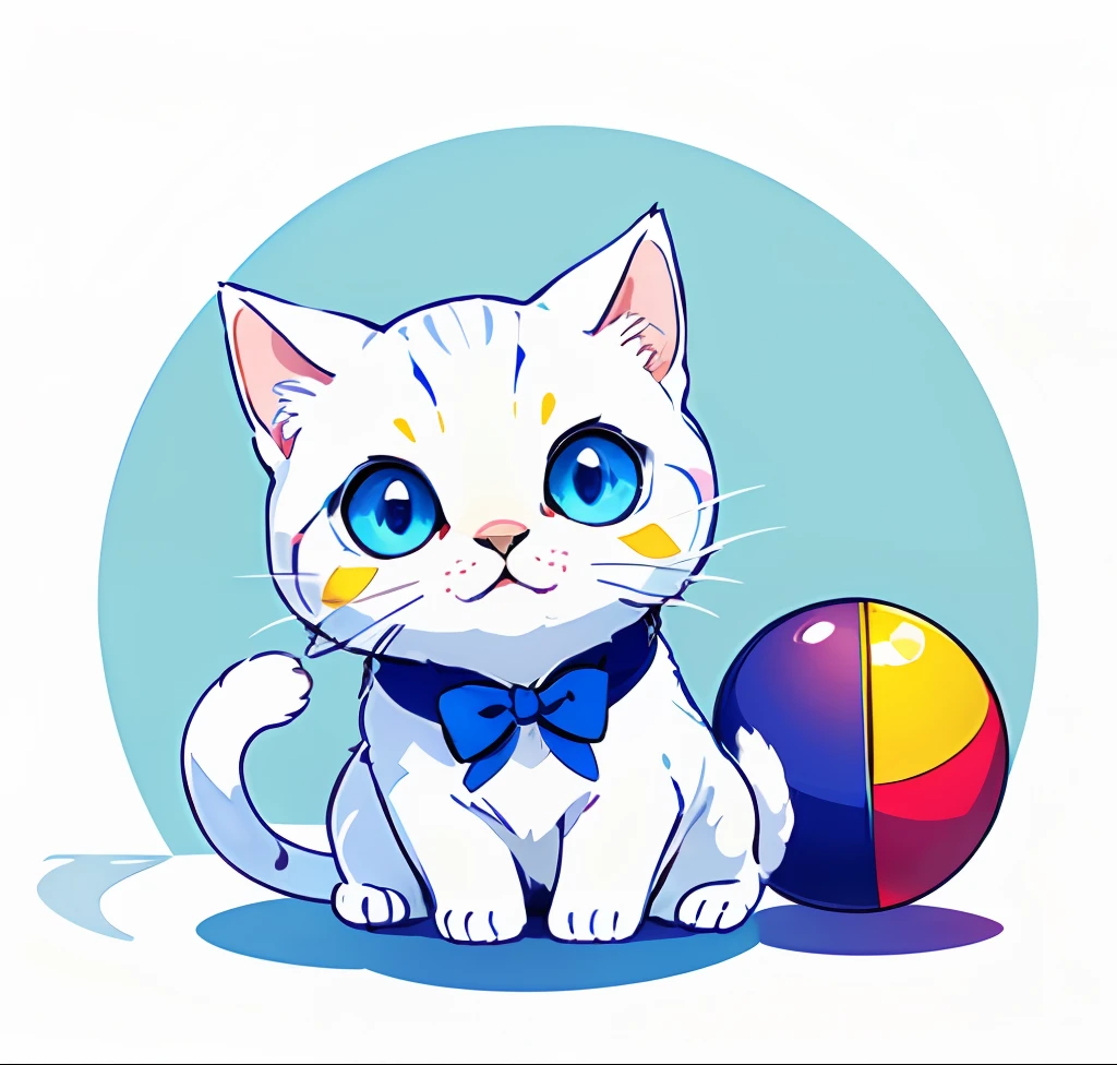 Colorful rubber ball,A white cat,Cute cat,Big blue eyes,Bow,Lovely