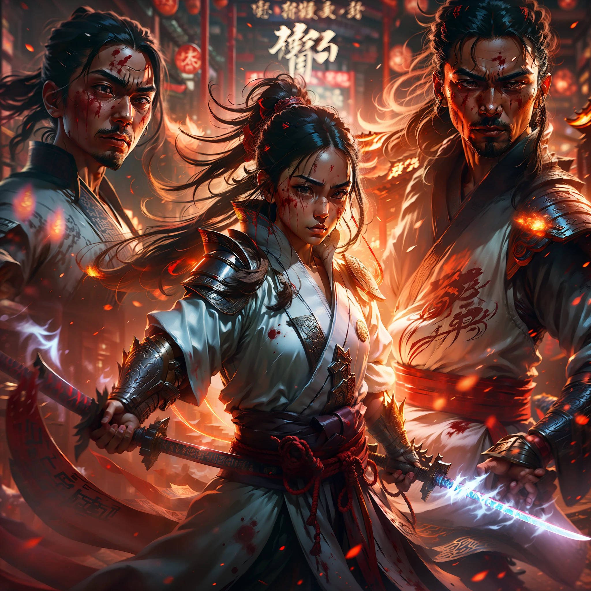 (Positive Focus), (In the Dark: 1), (Best Quality), Movie Poster, Highly Detailed, 8k Wallpaper, Volume Lighting, Dynamic Lighting, A Girl, Long Black Hair, Ponytail, Black Metal ninja Armor, Red Belt, Black ninja Armor, Shoulder ninja Armor, Waist Guard, Hand Guard, Veil, Holding a Long katana Sword in front of Body, Ancient japanese Style, Battle Stance, Lots of Blood, Blood Stains on Face, Clothes Damaged, Ancient Chinese Battlefield, Ancient Japanese ninja Soldiers, Arrows Flying, War, Night, Dramatic Composition, Sword qi surrounding, rich picture detail, war, movie lighting,