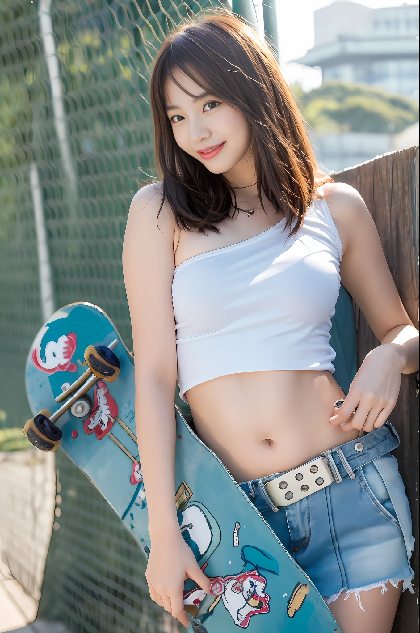 in 8K、18-year-old woman in red top holding skateboard by seaside fence, asian female、((Female Character))、Watching the photographer、big eye、An embarrassed smile、((Realstic))、((a beautifu))、((Longhaire))、Hair fluttering in the wind、((gravure model))、Skateboard, skateboarder style, waist - shot, Ultra Mini Skirt、((big boob))、Well-shaped big、((Navel Ejection))、at a skate park, photo from a promo shoot, Wearing a short red camisole, Thin shoulder straps、full length shot, miranda cosgrove, skateboarding, standing on a skateboard, promo shoot, attractive girl、A beautiful young girl、Cute girl、((The background is the sea)) , --auto