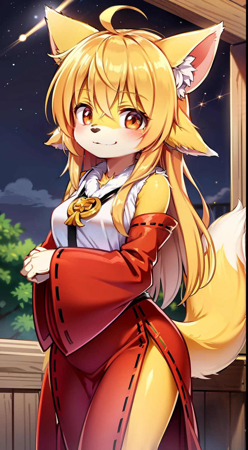 girl fox，hairy，furry，Golden fur，Golden yellow face fur,Long blonde hair，The eyes have God，Red eyes，Super cute face，Brown elements on fur，MIKO，Beautiful lights and shadows，Ambient light，Ultra-fine fur，Volumetric light，night,Clouds and stars in the sky,The sky outside is starry ,shooting stars,natural day light，smiled，Fluffy tail，The art of Dagasi