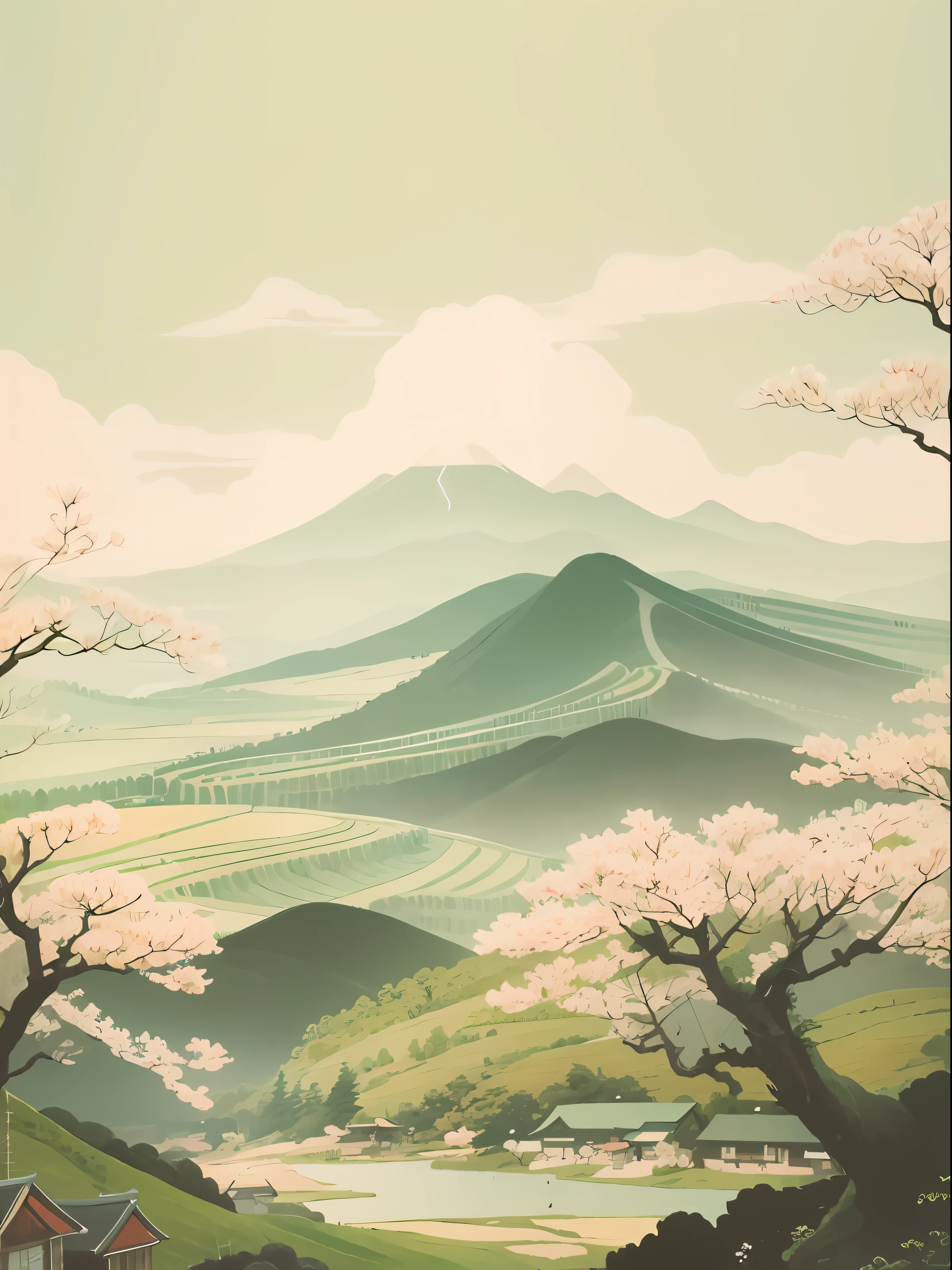There is a picture of a beautiful landscape,The background is a mountain, japanese woodblock print style, Landscape illustration, anime countryside landscape, Japanese style painting, Japanese Landscape, summer landscape with mountain, a beautiful artwork illustration, inspired by Yoshida Hanbei, inspired by Hiroshi Yoshida, scenery artwork, japanese countryside, traditional japanese painting, Chinese landscape, Chinese painting style