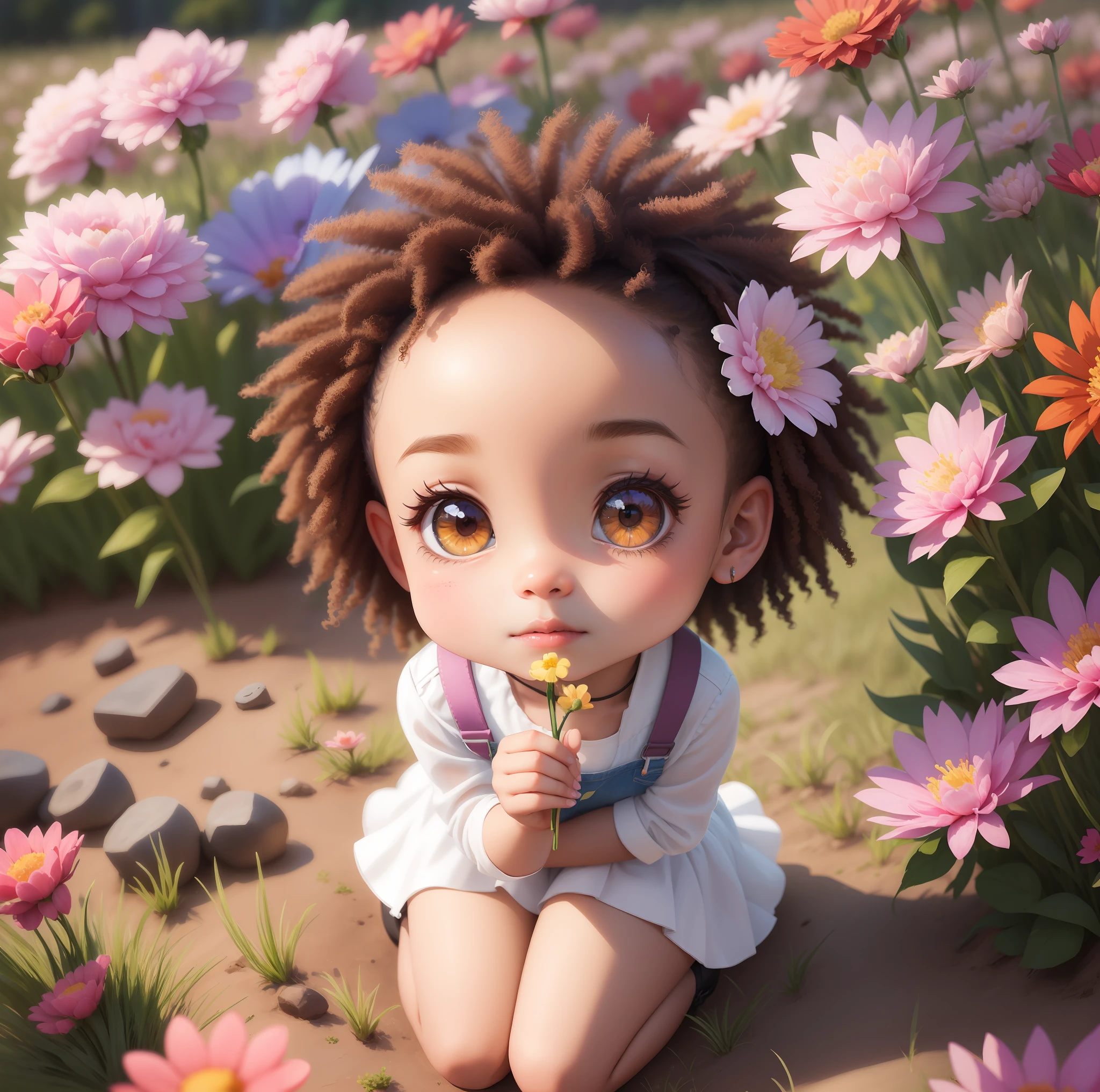 Black futuristic cartoon girl with flower in hand kneeling in a field of flowers, bela arte digital, arte digital detalhada bonito, adorable digital painting, menina negra nas flores, Bom anime, Soft anime illustration, arte fofa, menina Bom anime, kawaii retrato realista, menina chibi, Loli, official illustration, menina preta bonito, menina afro bonito, advanced digital chibi art