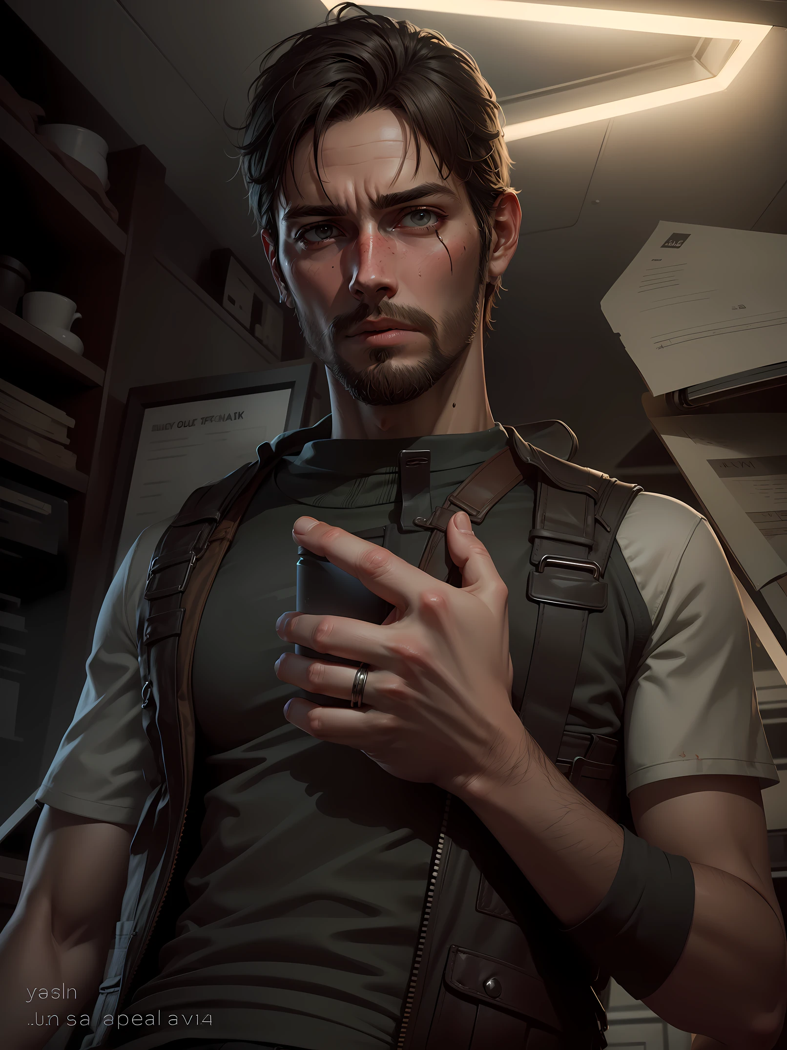 Change background, handsome boy, natural face, (the last of us:0.9), (Ellie:0.9), natural hair, realistic portrait, 4k, supreme detail, highly detailed, artstation, smooth, sharp focus, cinematic lighting, facing the camera, dark studio, rim lighting, two tone lighting, dimly lit, low key,