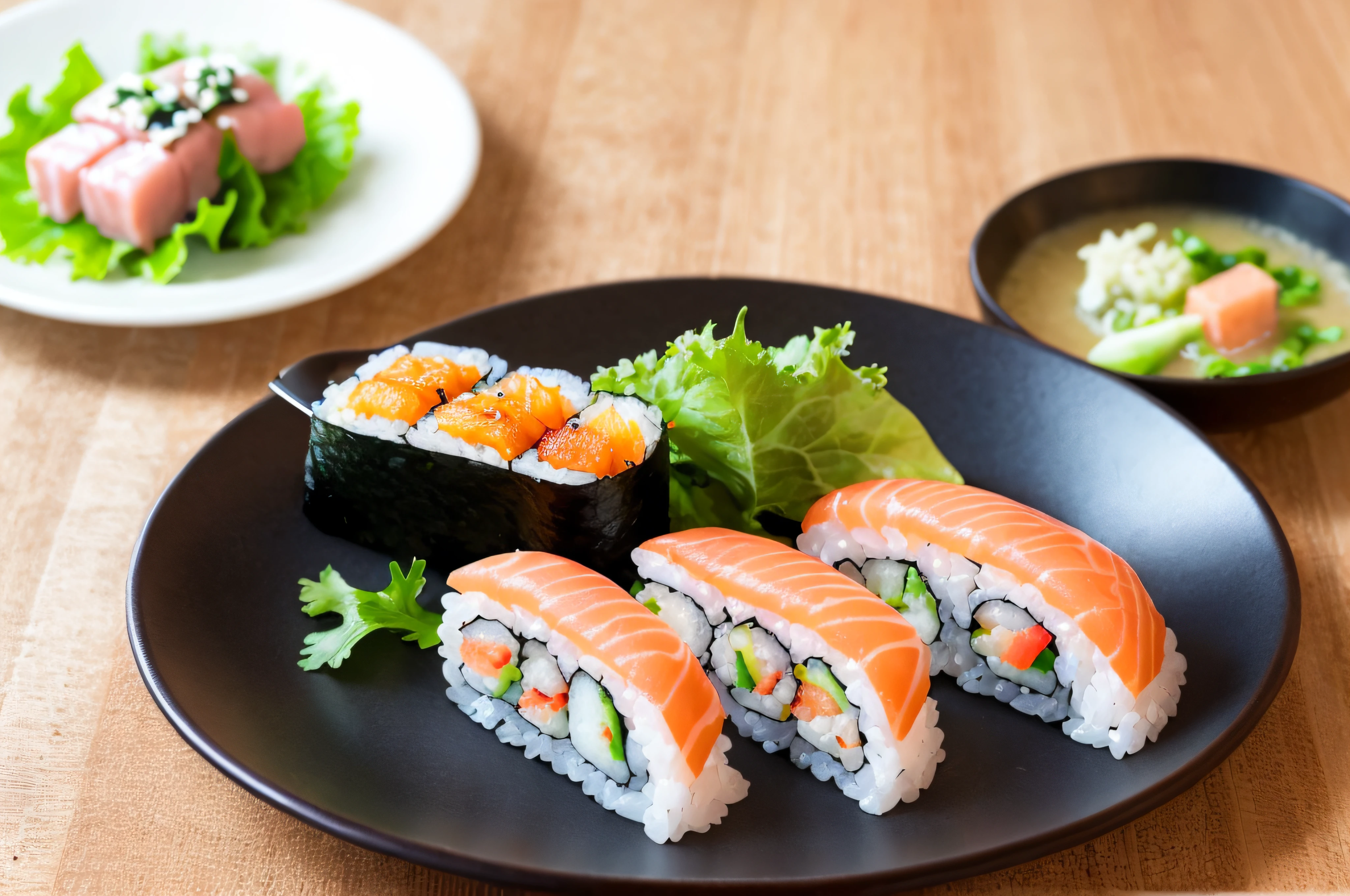 there is a piece of sushi on a plate with a spoon, sushi,tuna lean meat yummy