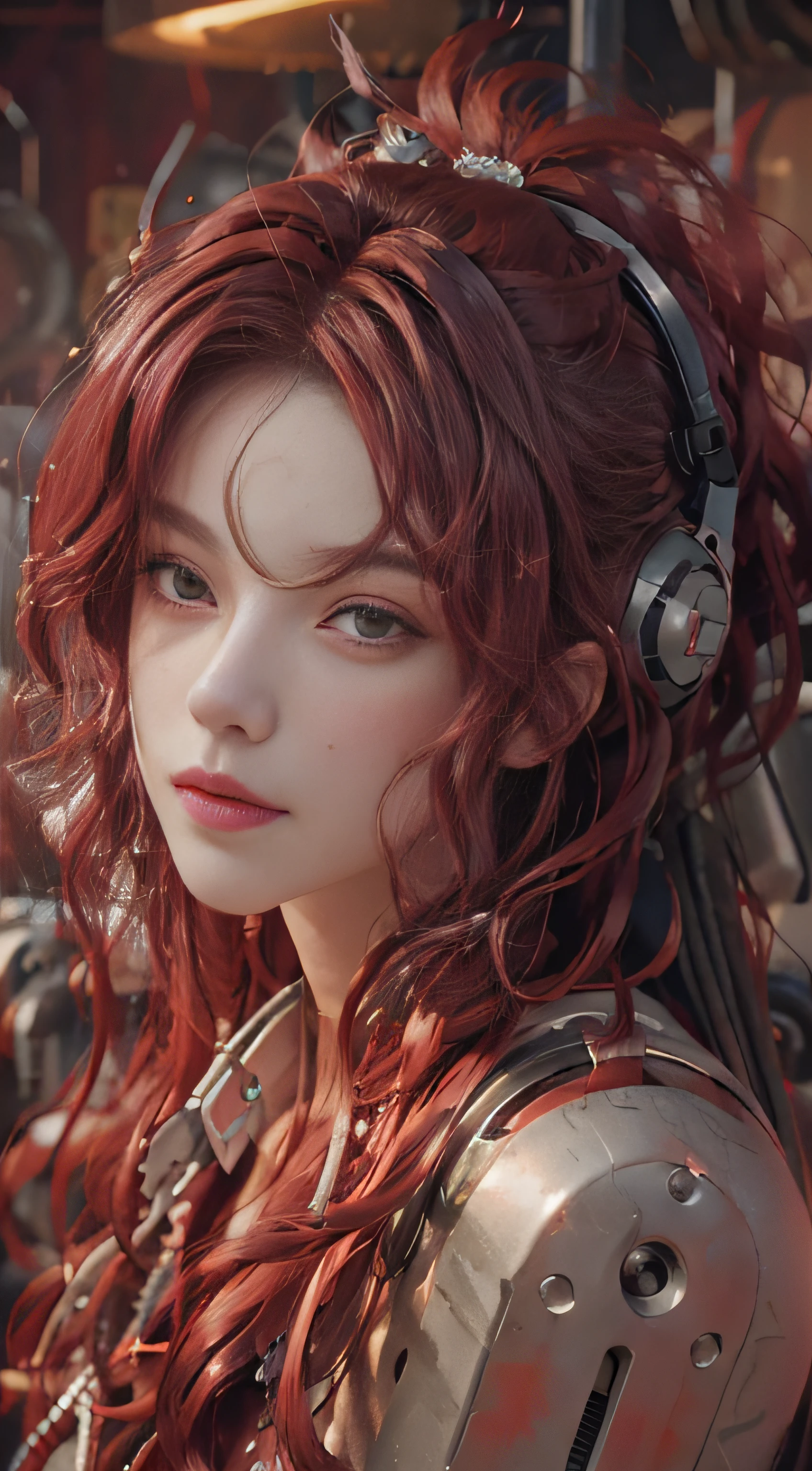 ((Beautiful detailed face)), ((Red hair)), ((Big wavy hair)), Metal has no color, Robot has no color, Robot girl, Metal mixture, Cyborg girl