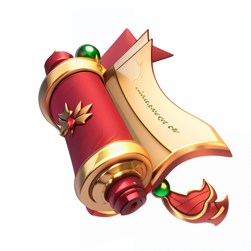 There is a red and gold scroll，There is a green bead on it, fantasy game spell icon, scrolls, discarded scrolls, old scroll, magic spell icon, league of legends inventory item, world of warcraft spell icon, fantasy game spell symbol, 3 d icon for mobile game, floating spellbook, rpg item render, game icon asset, rpg game inventory item, rpg game item