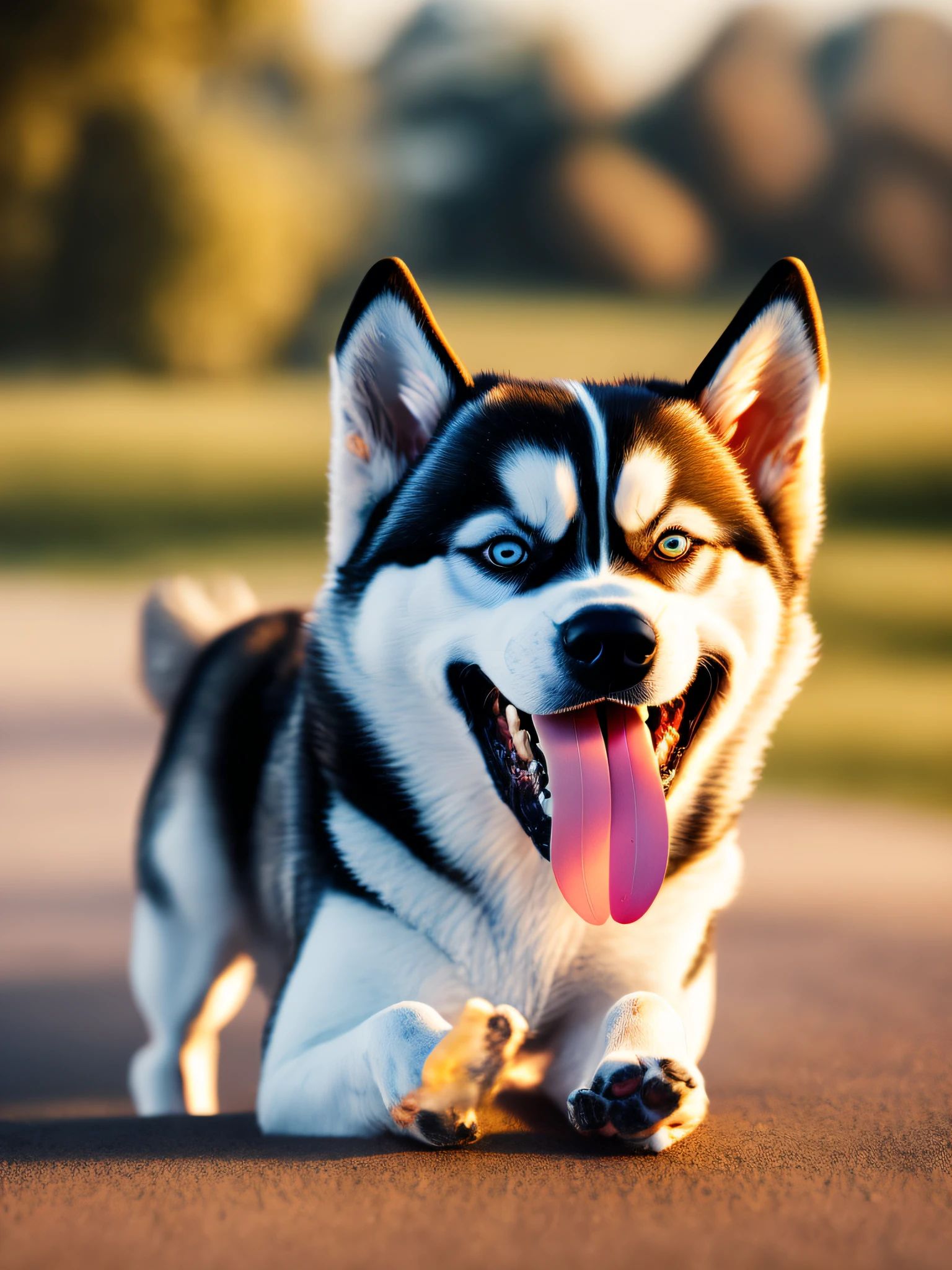 A cute husky dog is playing,parque,close-up of the private parts,high-definition,8K,Digital photos,Be authentic ,hair,glowing with,3d,smiled,mischievous,cartoony --auto