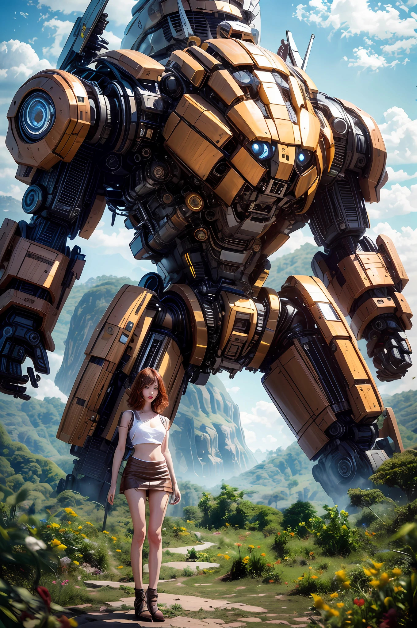 beautiful face, shitu-mecha,Photo of a beautiful redhead woman with short hair next to a huge robot, lace bra, minskirt, slender, flirting with the camera, from side masterpiece, detailed clothes, best shadow, detailed face, (blurry:1.4), muted colors, (photorealistic:1.3), poor quality photo, evil, huge robot, robot wings, copper and metal, in the jungle, red lips, leather skirt, metalic face