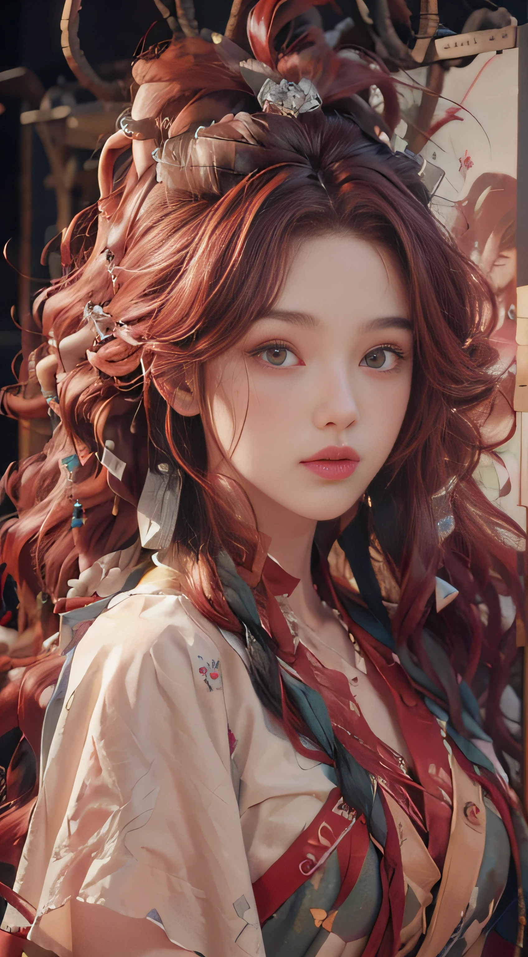 ((Beautiful detailed face)), ((Red hair)), ((Big wavy hair)), neat, stylish, cool, fashionable, non-standard, avant-garde, experimental Appearance: shaved head or bold hair color,